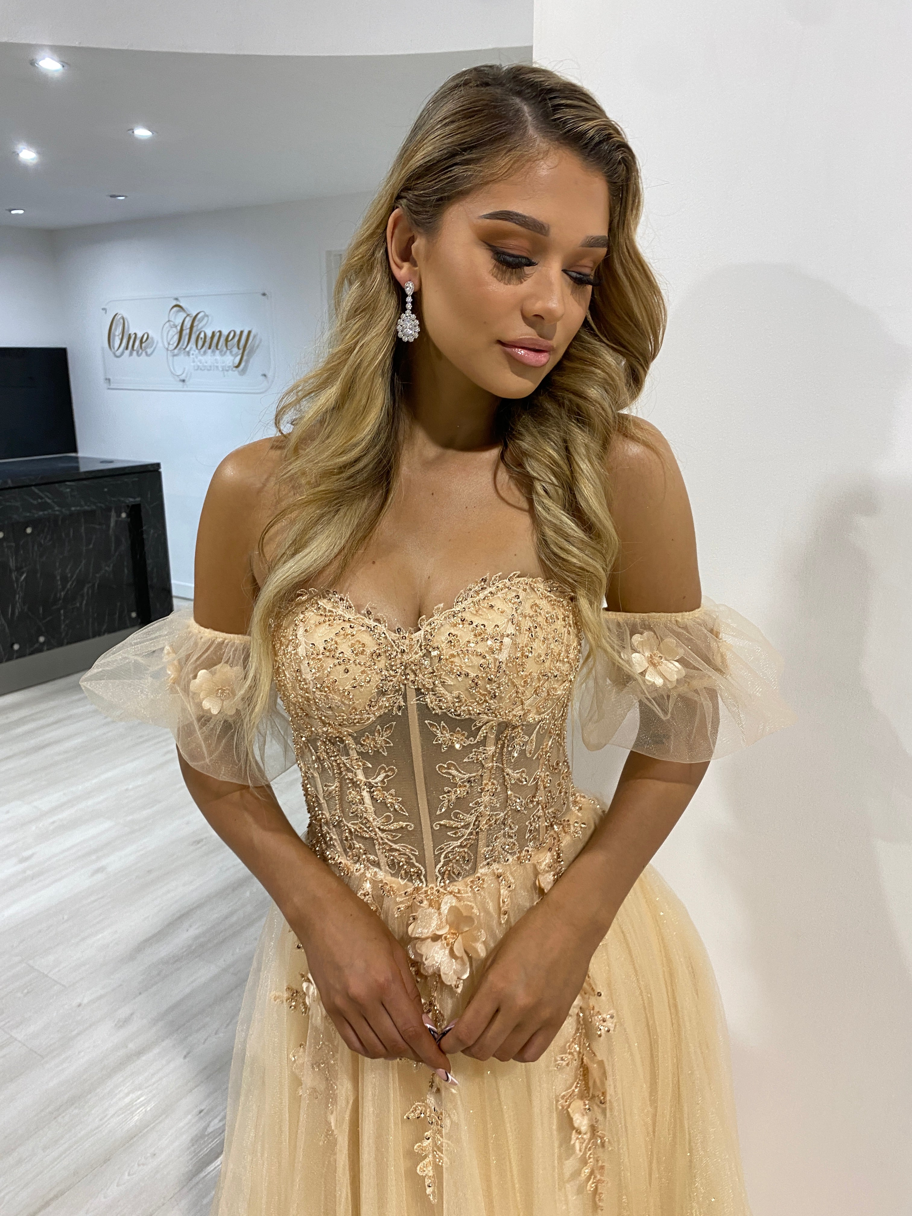 BLOOM Bustier Lace Applique Formal Dress with sheer corset and off-shoulder tulle sleeves, perfect for formal occasions, Brisbane to Gold Coast