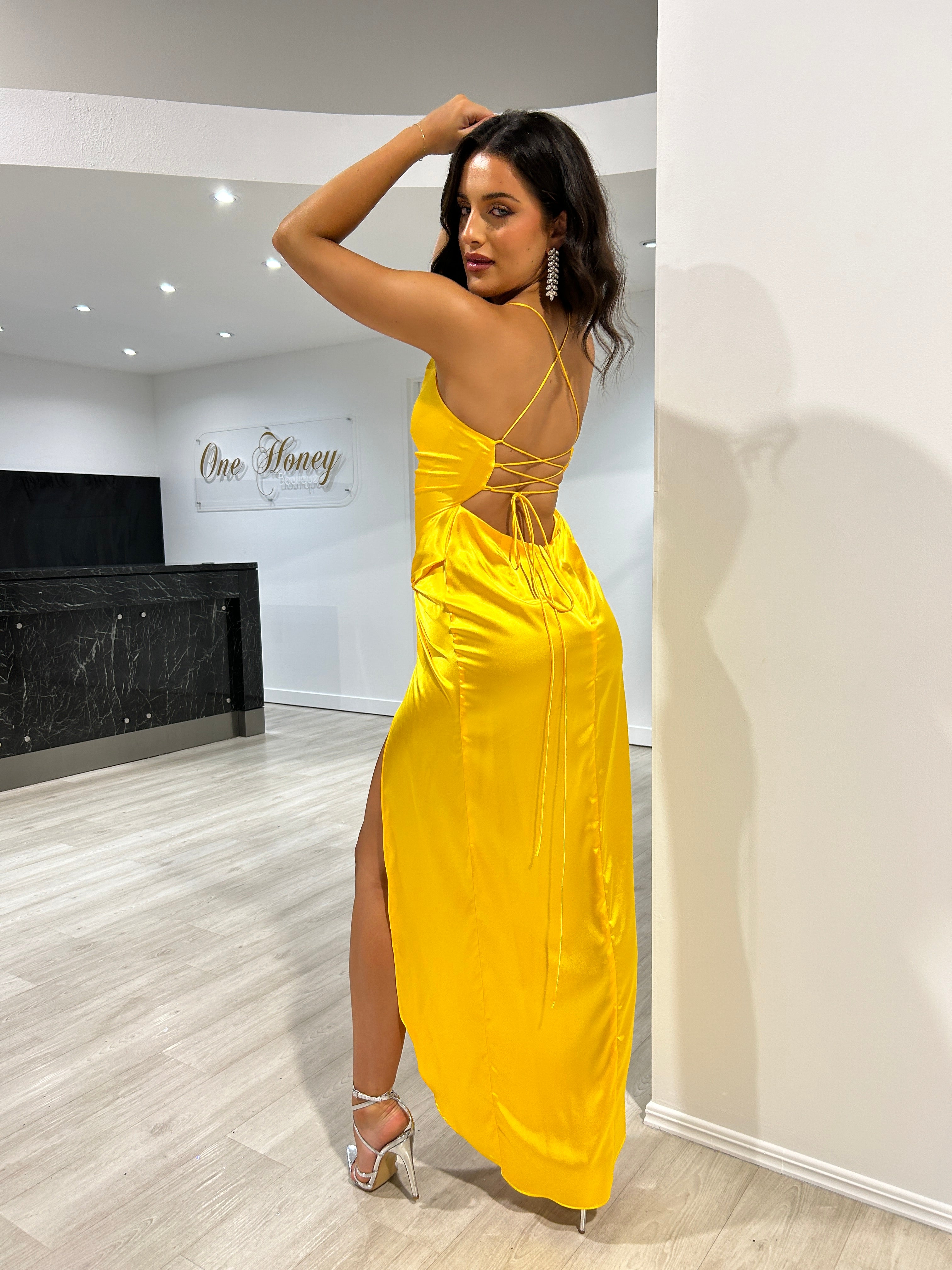 KENNA Satin Cowl Neck Semi Formal Dress with criss-cross back and knot slit, perfect for parties. Brisbane to Gold Coast, Australia.