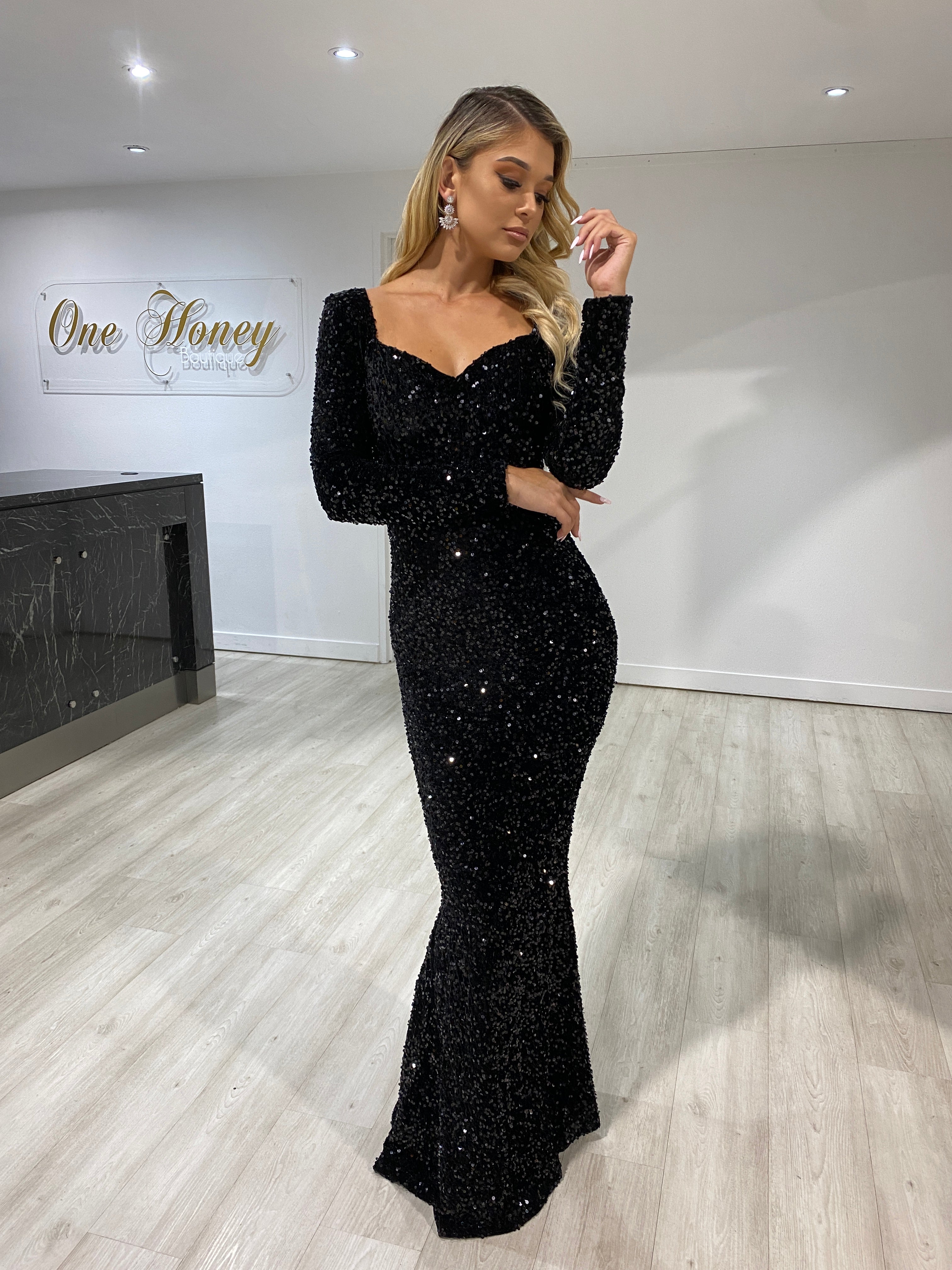 Honey Couture ALISON black sequin long sleeve formal dress, Australian designer evening gown, prom dress, affordable fashion.