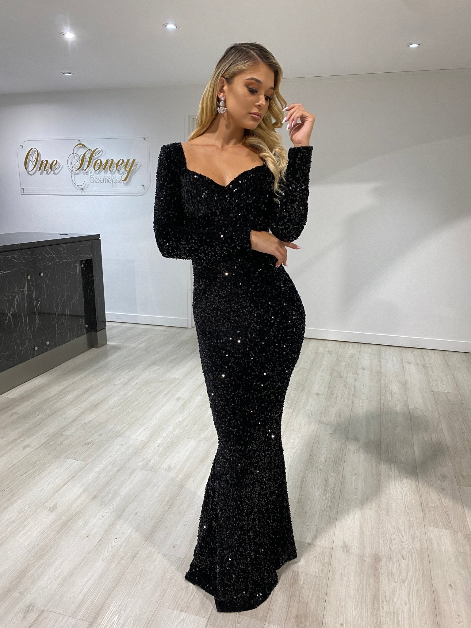 Honey Couture ALISON Black Sequin Long Sleeve Formal Dress in Australia | One Honey Boutique