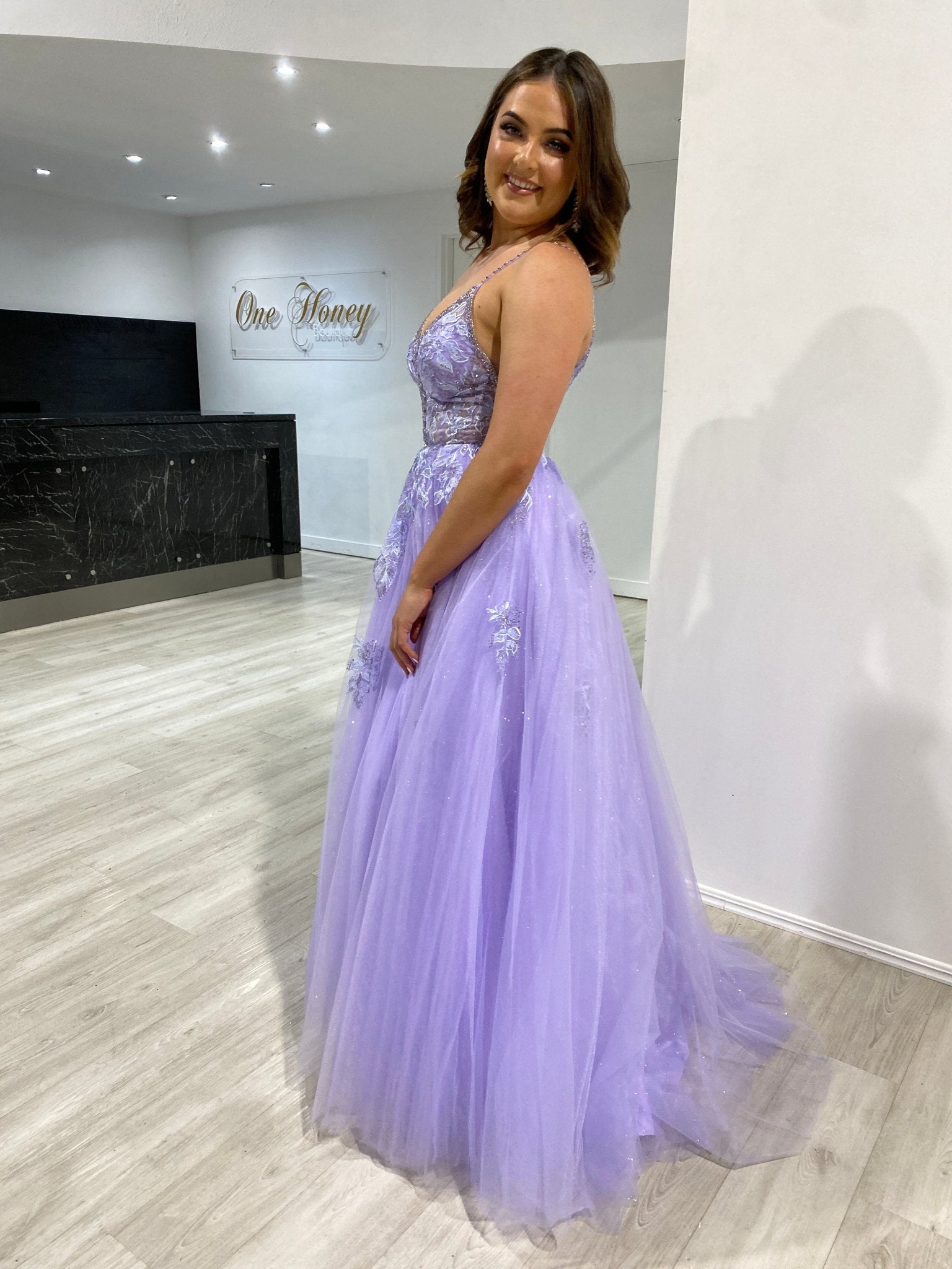 Honey Couture ROSEMARY Lilac Beaded Detail Tulle Formal Dress in Australia | One Honey Boutique