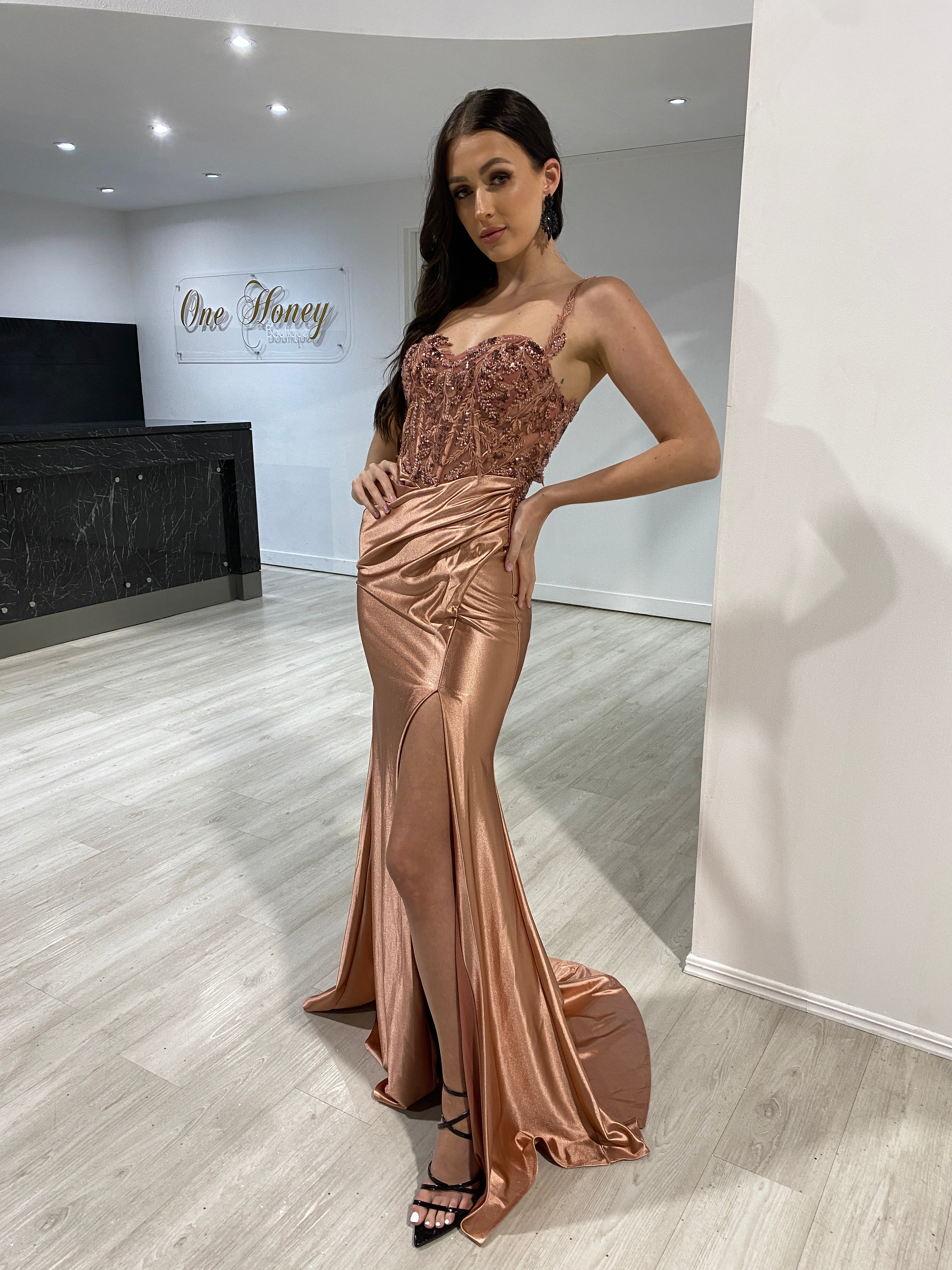 SALMA Embellished Bustier Corset Satin Mermaid Formal Dress featuring a lace bodice and fitted satin skirt, evening gown. Brisbane to Gold Coast.
