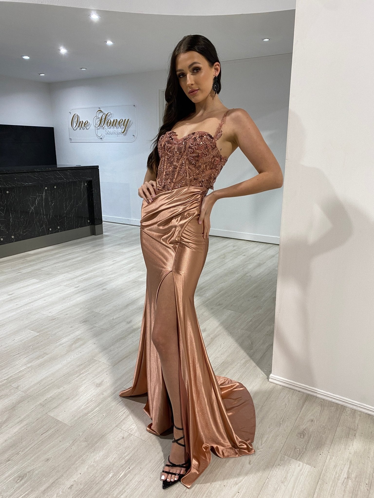 SALMA Embellished Bustier Corset Satin Mermaid Formal Dress in Australia | One Honey Boutique