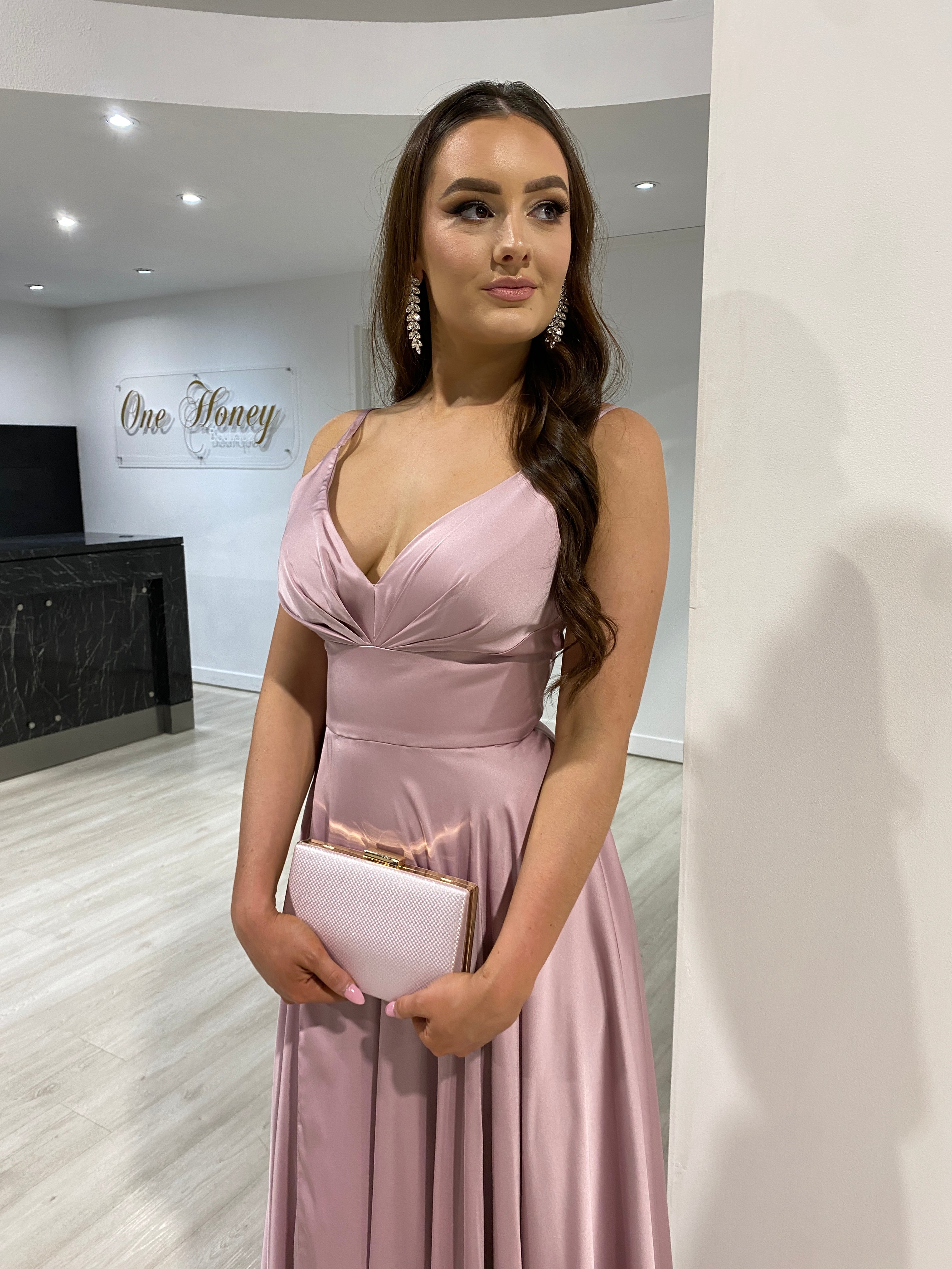 ROSALIA dress with pleated bust and flowing satin skirt, perfect for a formal prom evening. Brisbane to Gold Coast, Australia.