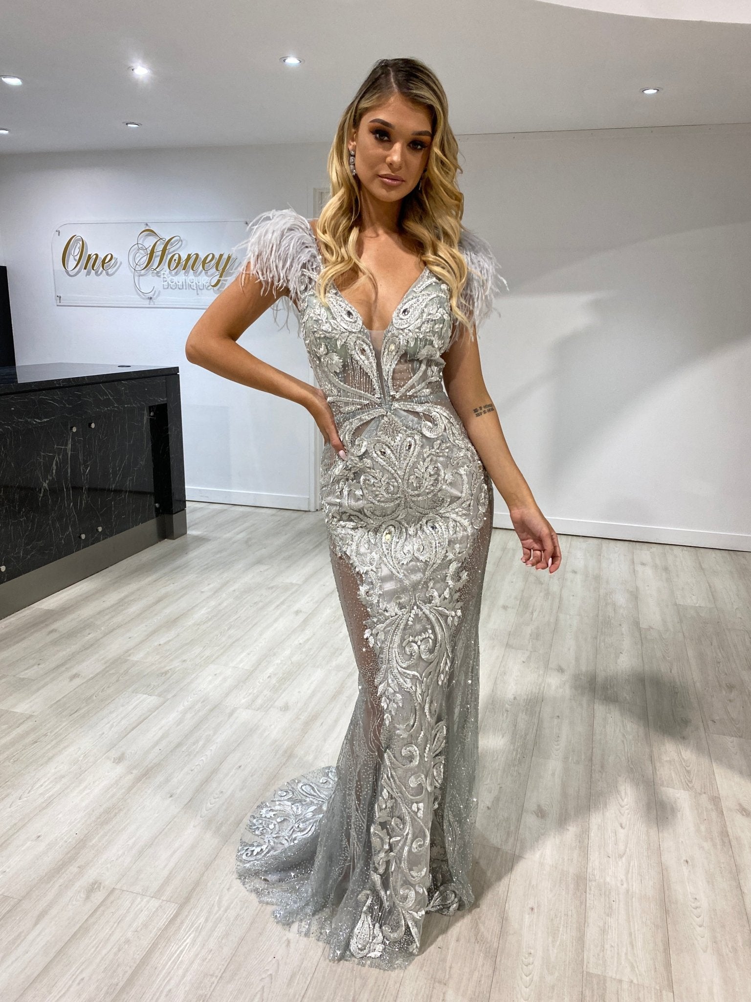 Portia & Scarlett FUFU Silver Feather Mesh Couture Beaded Formal Gown in Australia | One Honey Boutique