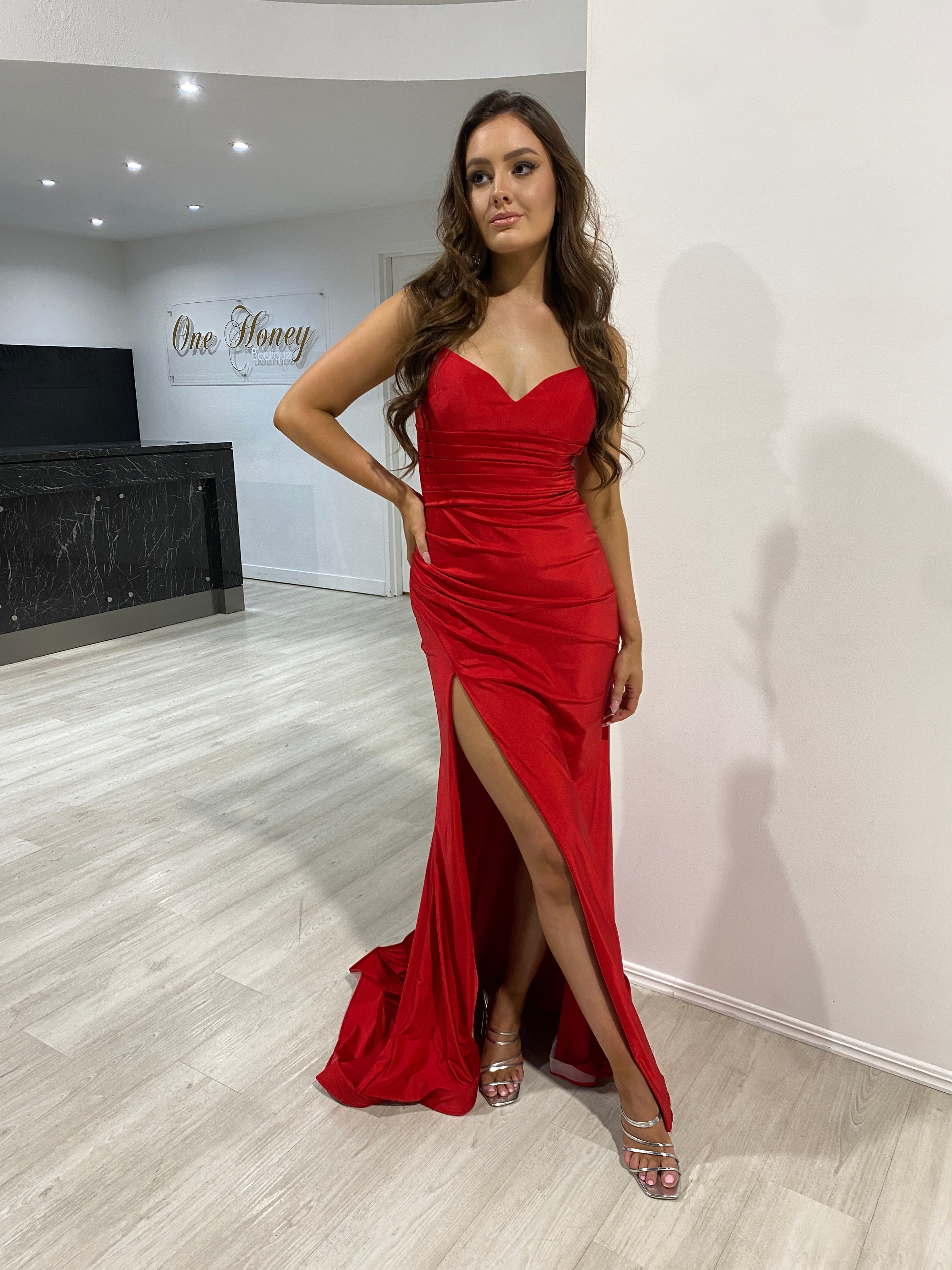 TARA Silky Ruched Bodice Mermaid Formal Gown with sweetheart neckline and thigh-high slit, evening dress, Brisbane to Gold Coast.
