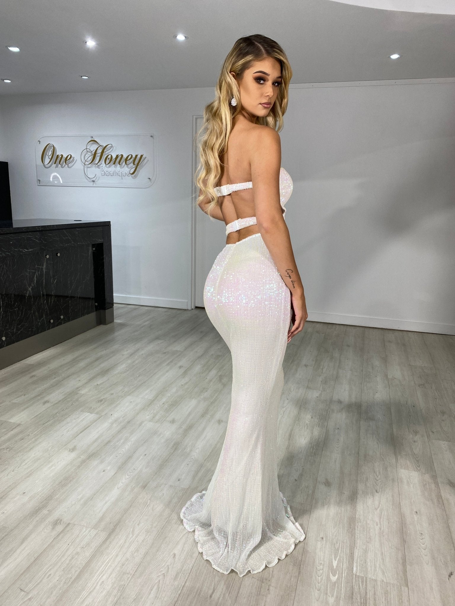 Honey Couture ELISE Holo Silver Sequin Low Back Mermaid Evening Gown Dress in Australia | One Honey Boutique