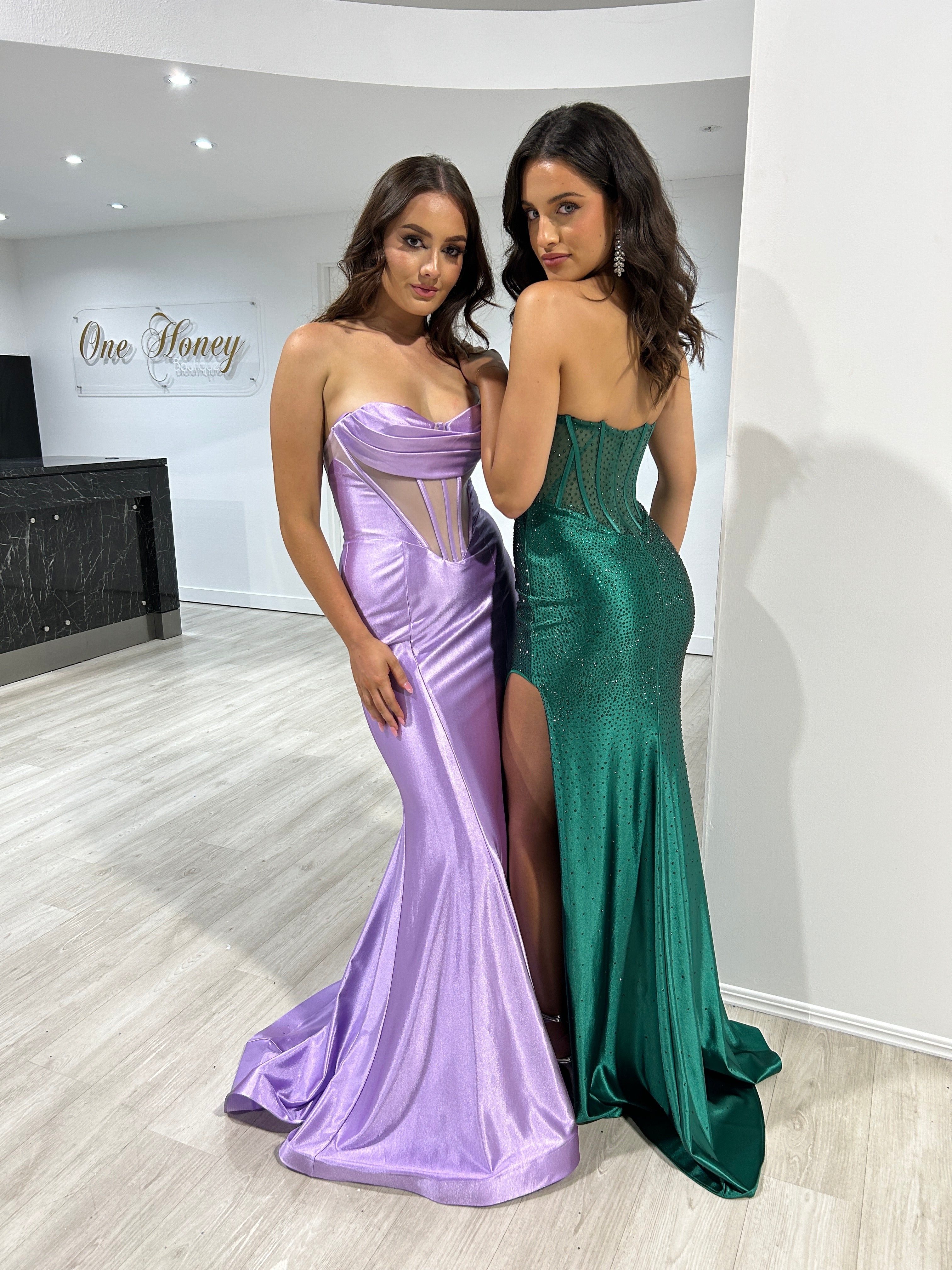 Honey Couture ROMANA Emerald Strapless Satin Diamanté Detail Corset Bustier Formal Dress