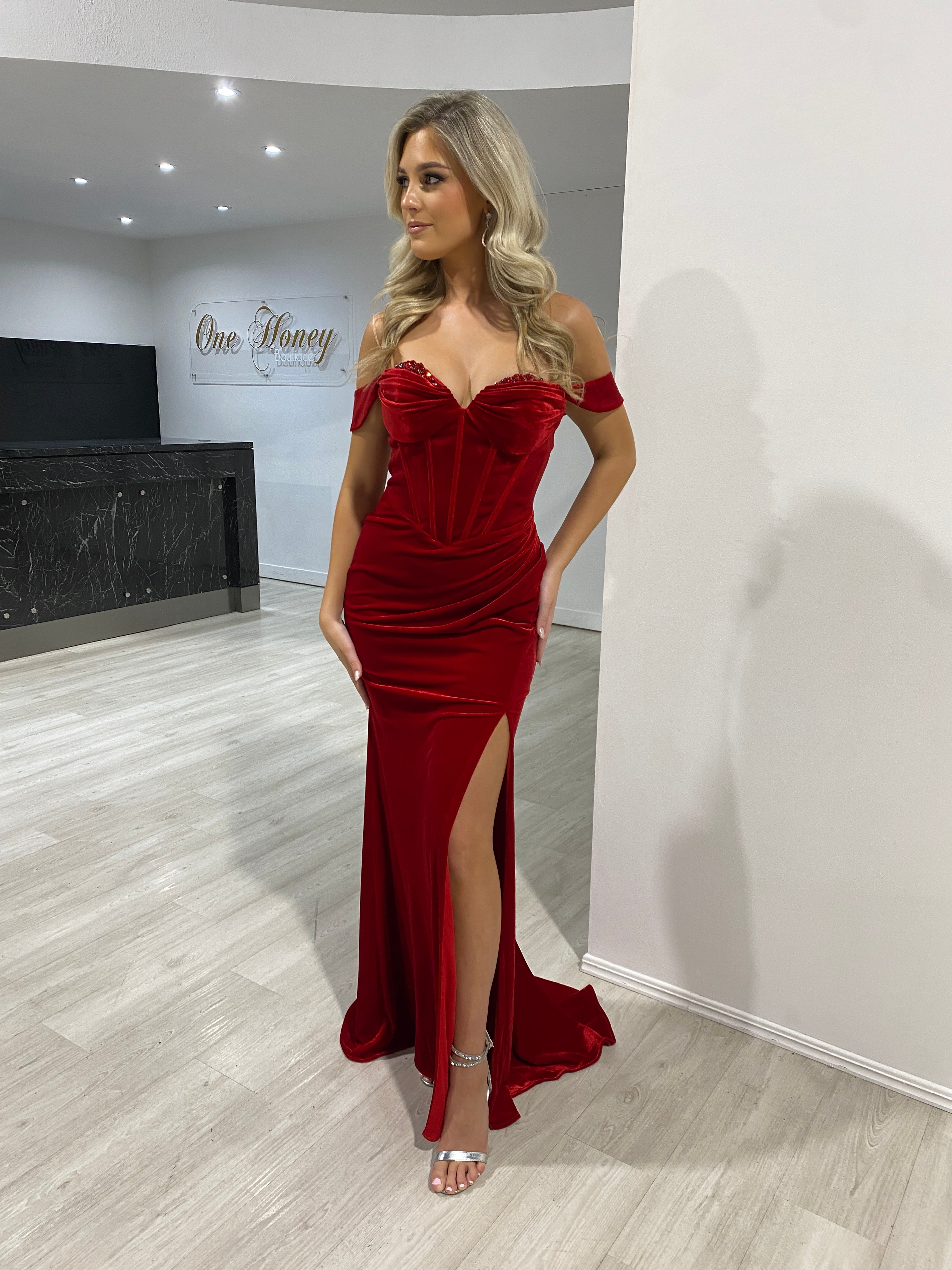 Honey Couture RHIANNA Red Off the Shoulder Beaded Bust Velour Mermaid Formal Dress