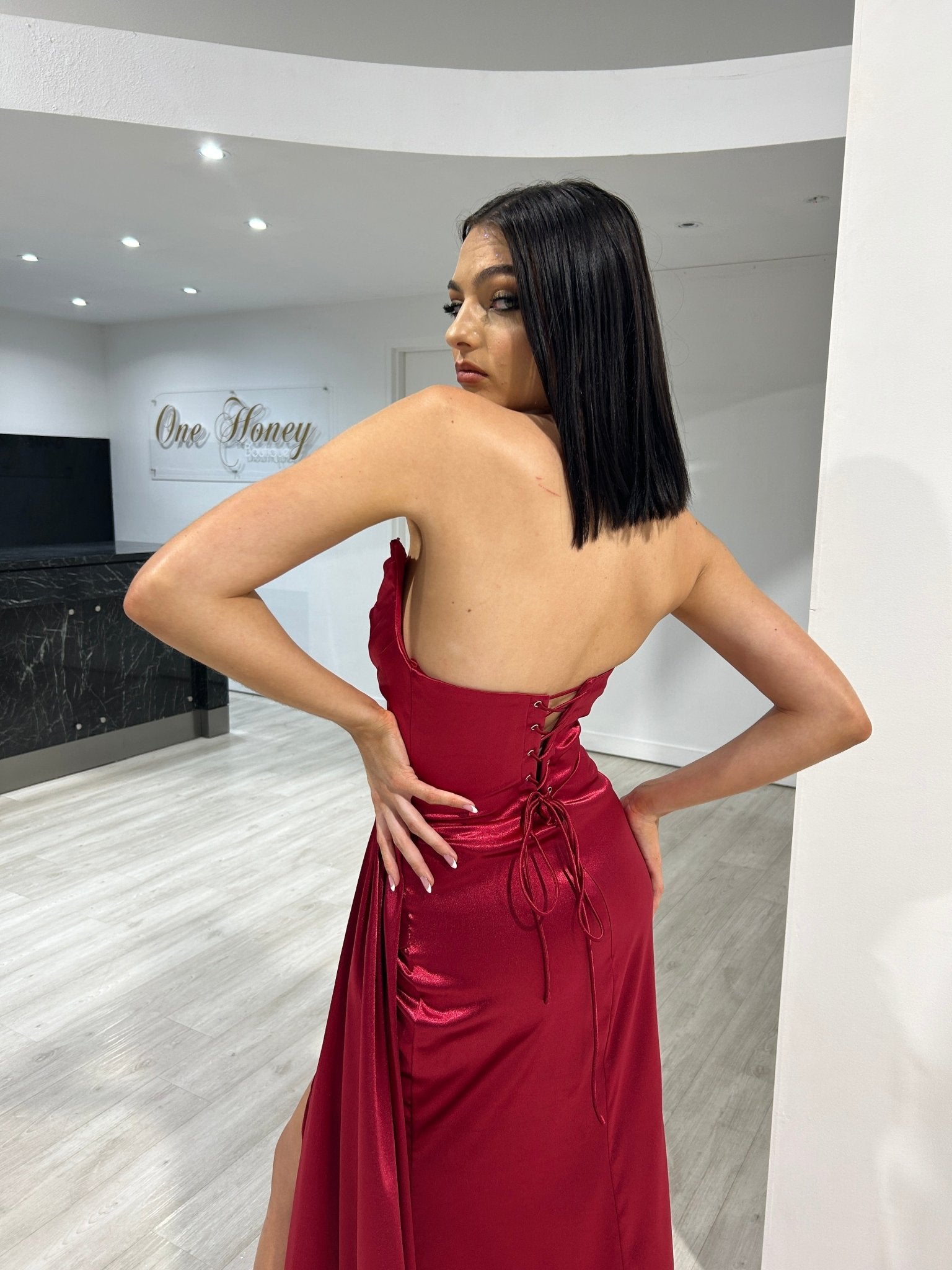 ELVIRA Strapless Silky Embellished Corset Mermaid Formal Dress in Australia | One Honey Boutique