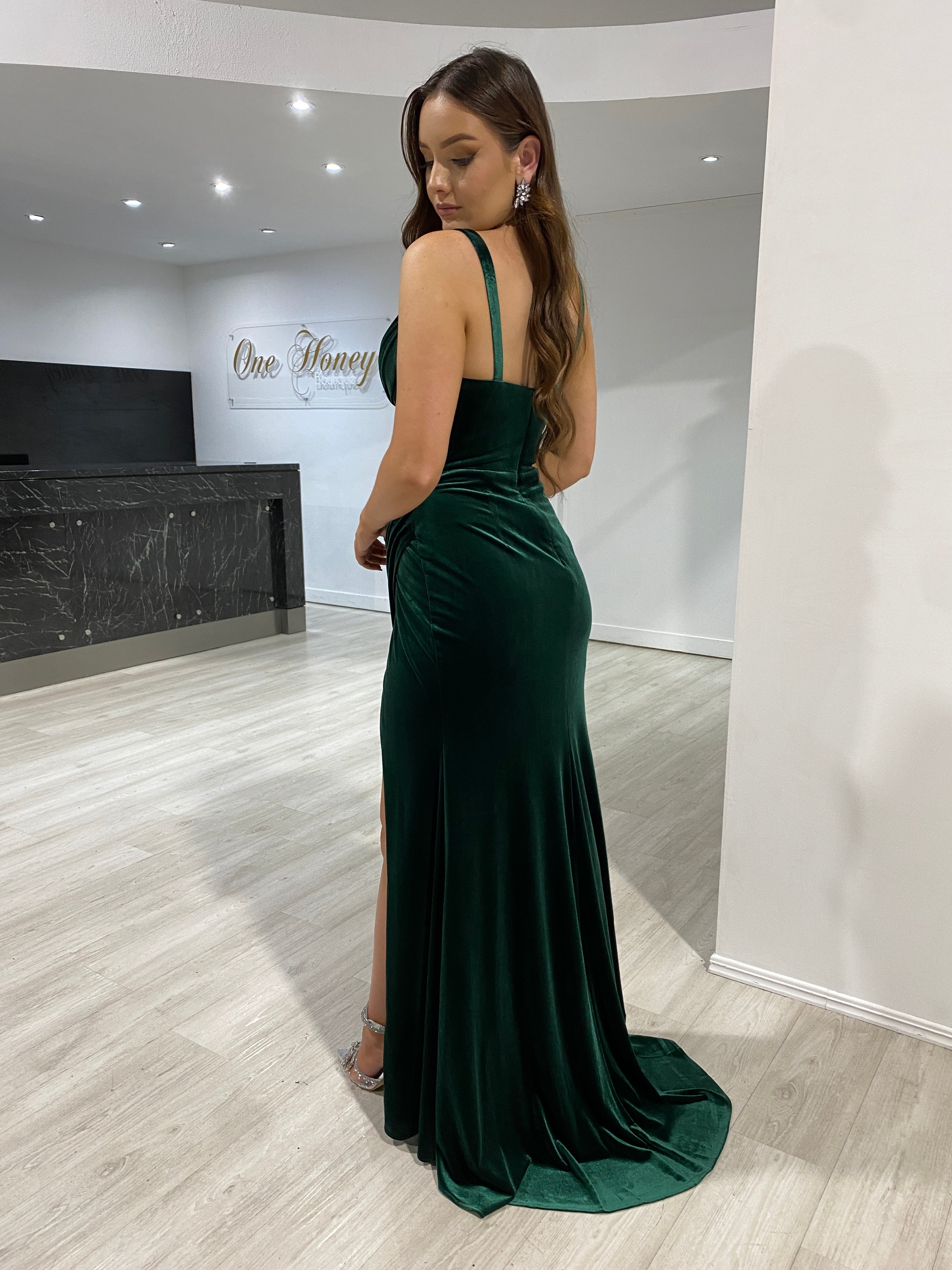 HARLEY Bustier Velour Corset Mermaid Formal Dress in emerald velvet with thin straps, evening gown. Brisbane to Gold Coast, Australia.