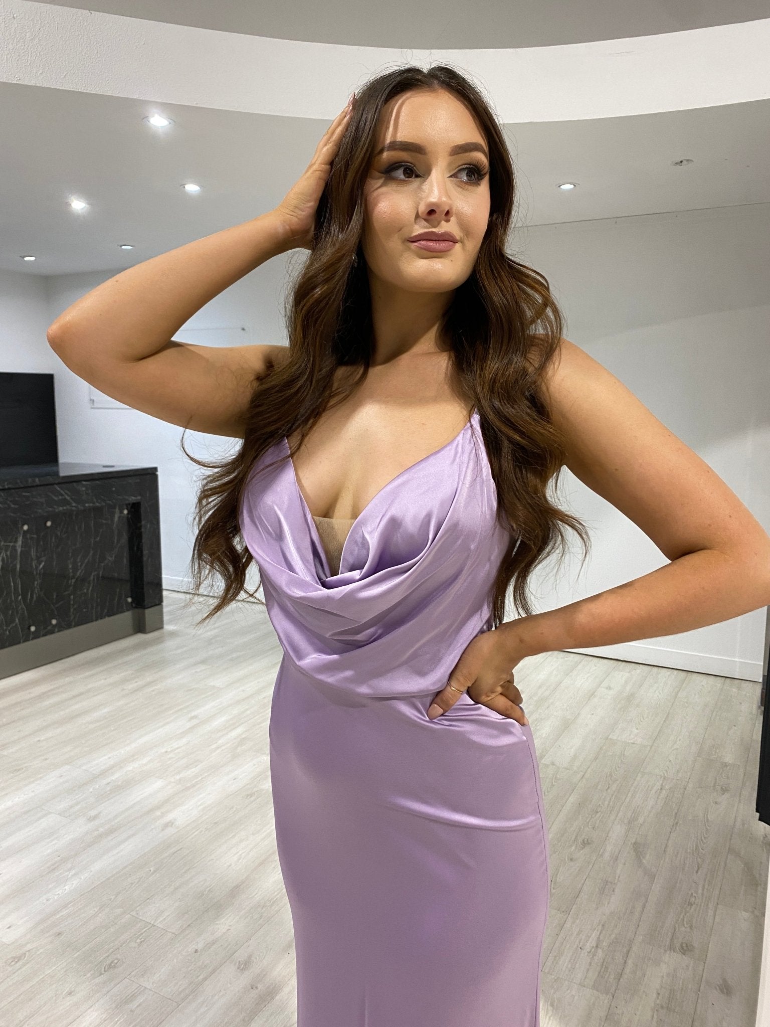 TALEAH Cowl Neck Tie Back Silky Bridesmaid Semi Formal Dress in Australia | One Honey Boutique