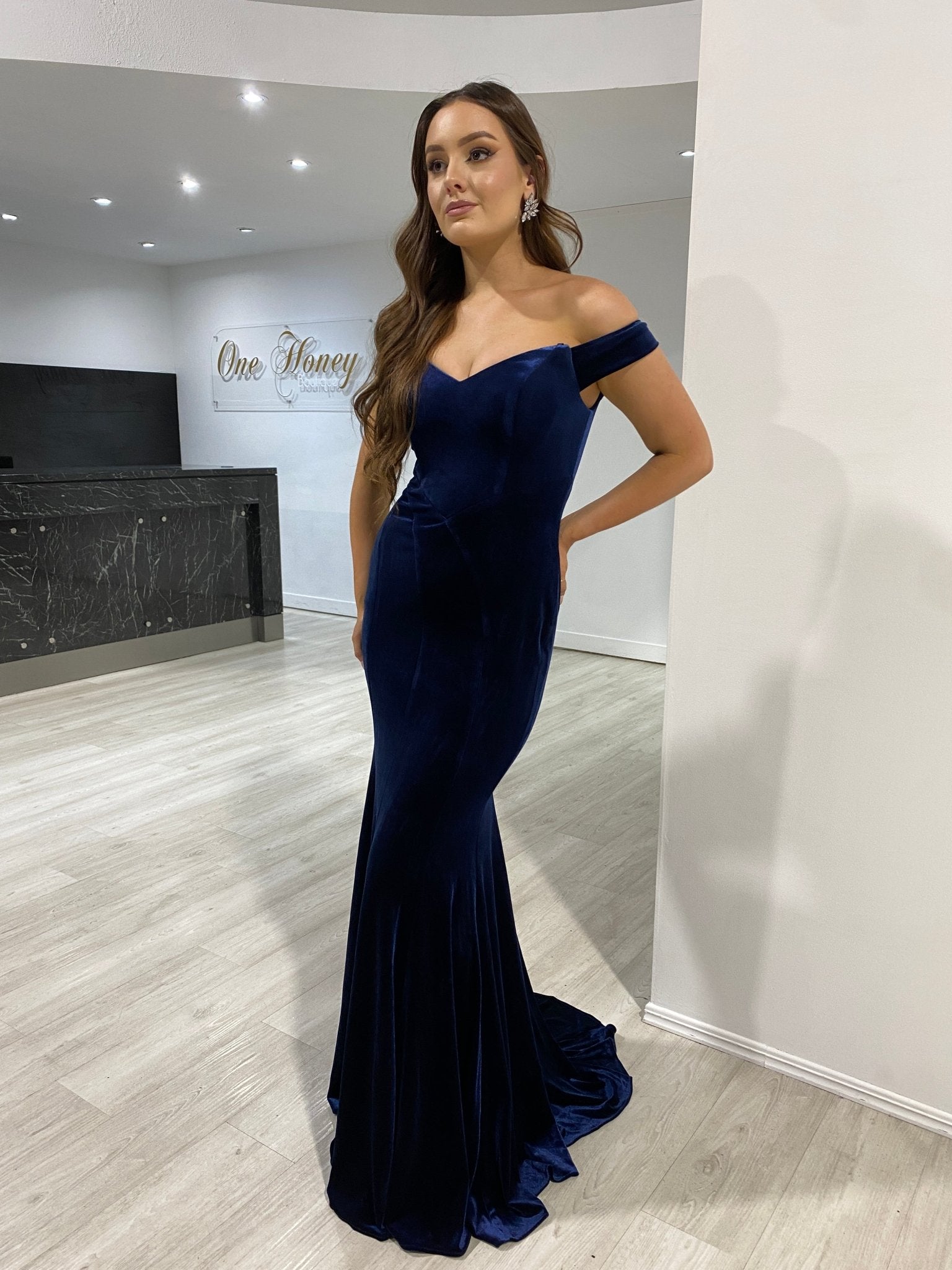 INGRID Off the Shoulder Velour Mermaid Formal Dress in Australia | One Honey Boutique