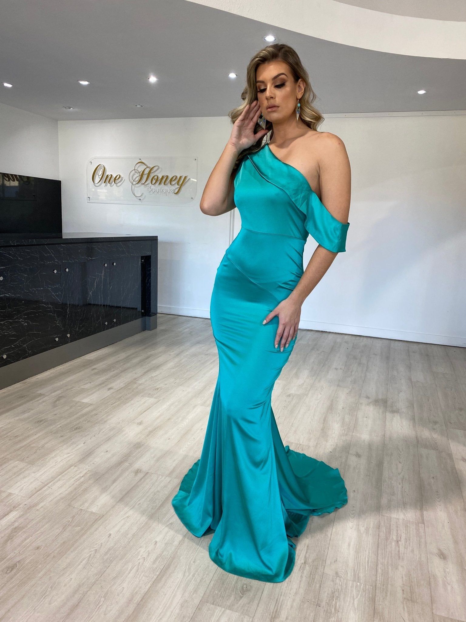 Honey Couture MEL Teal Green One Shoulder Frilly Satin Mermaid Gown in Australia | One Honey Boutique