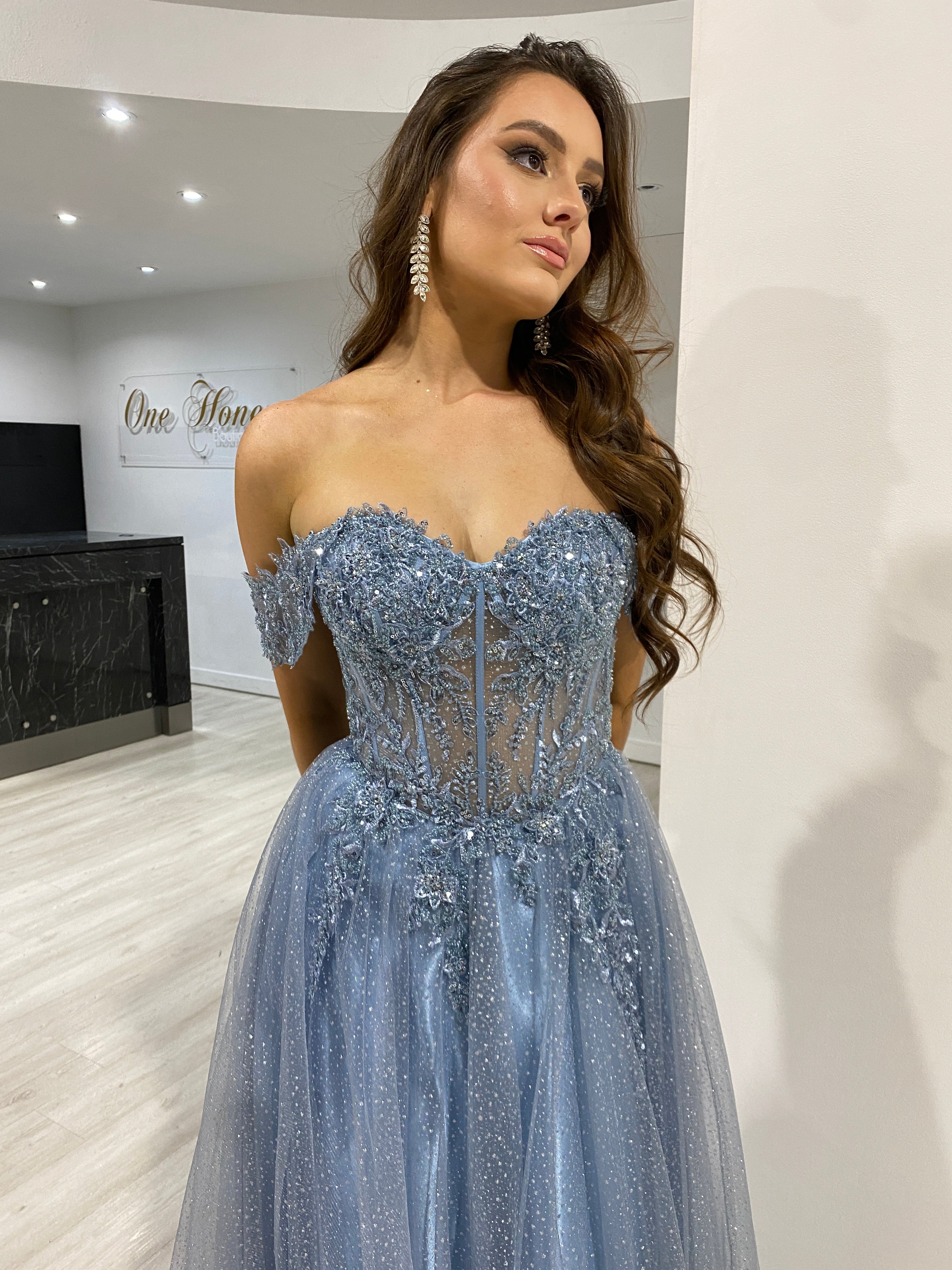 Honey Couture PHOEBE Smokey Blue Off the Shoulder Bustier Lace Applique Tulle Formal Dress