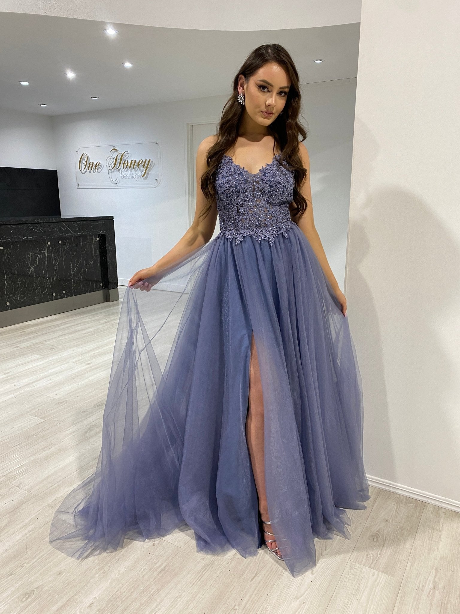 Honey Couture NORAN Smokey Purple Diamanté Tulle Corset Back Formal Gown Dress in Australia | One Honey Boutique