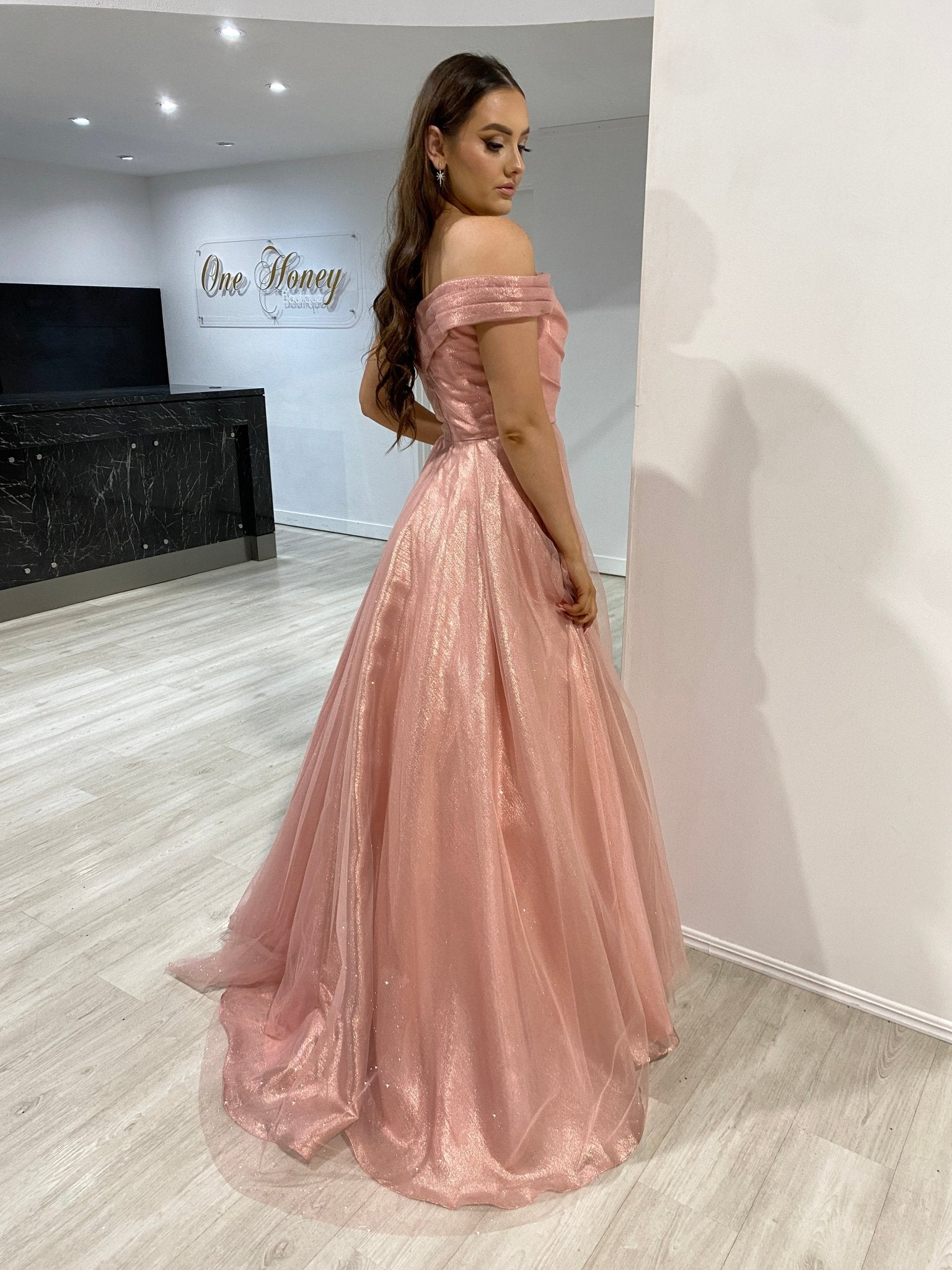 ARIANA Shimmer Off Shoulder Ballgown Formal Dress in Australia | One Honey Boutique