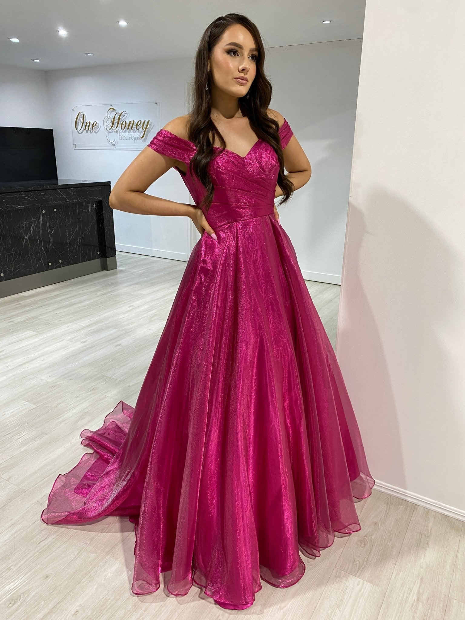 SARIA Off Shoulder Shimmer Ballgown Prom & Formal Dress in Australia | One Honey Boutique