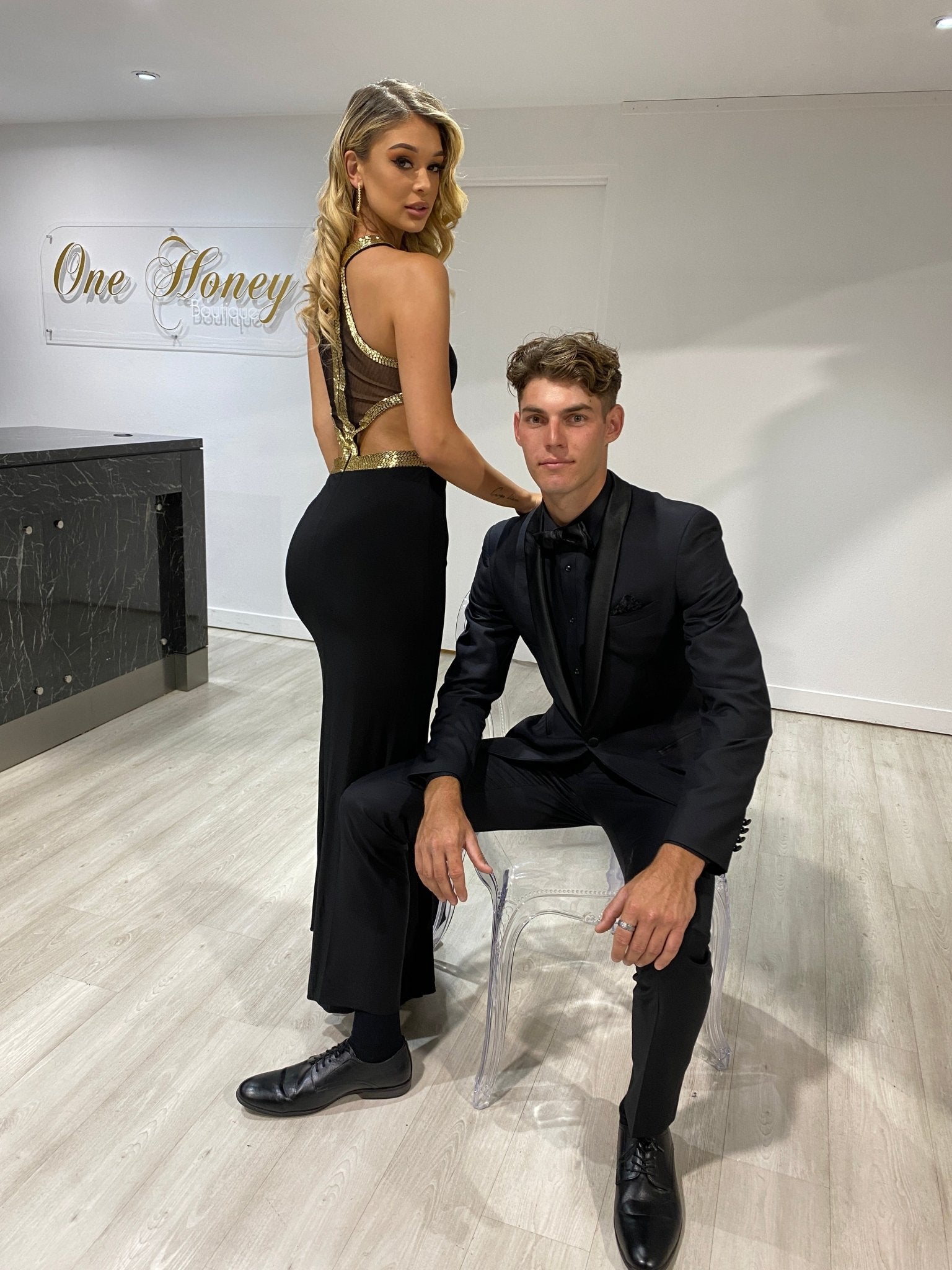 Honey Couture CLEO Black & Gold Beaded Formal Gown in Australia | One Honey Boutique