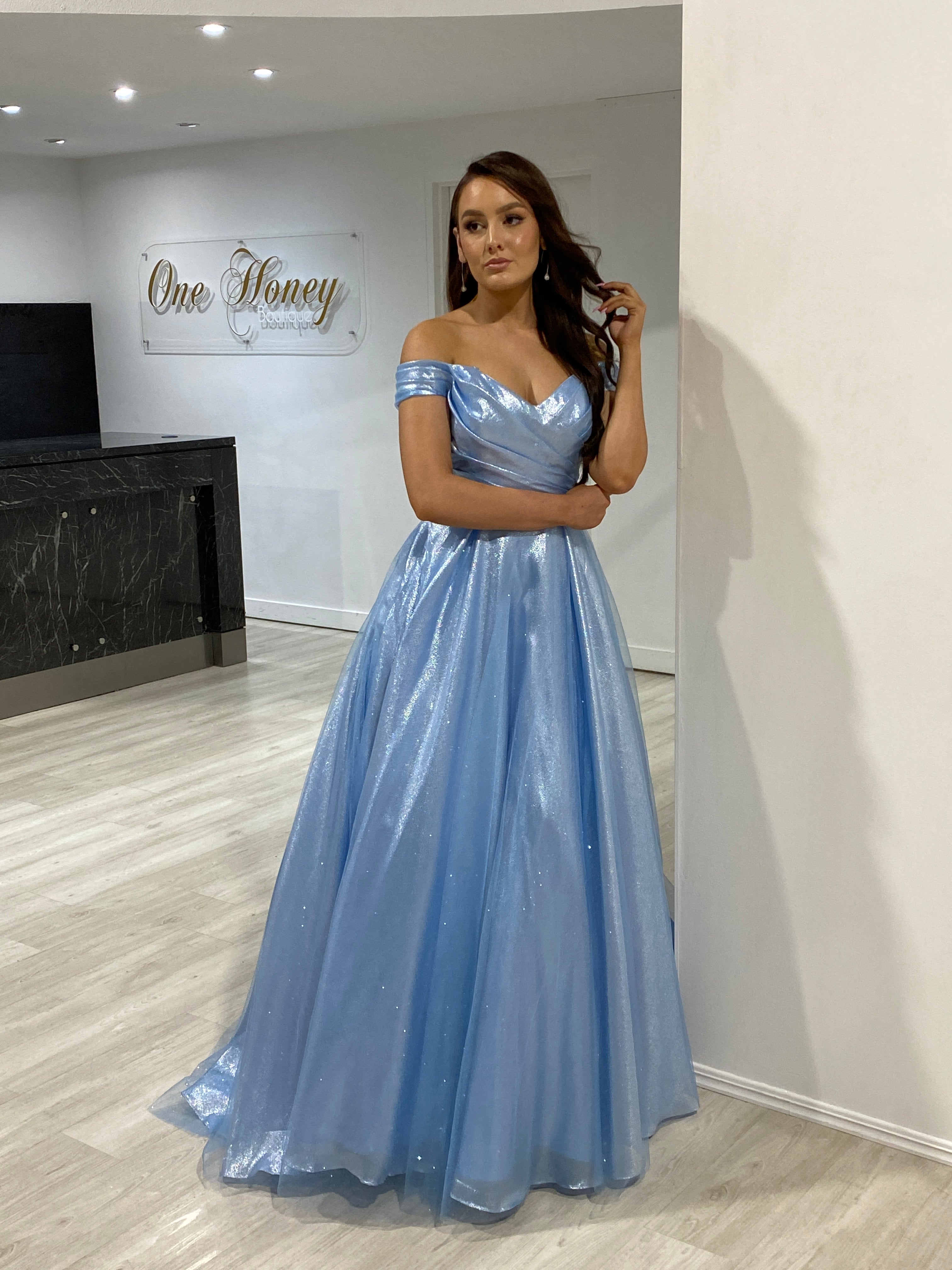 ARIANA Shimmer Off Shoulder Ballgown with sweetheart neckline and layered skirt, formal dress Brisbane to Gold Coast.