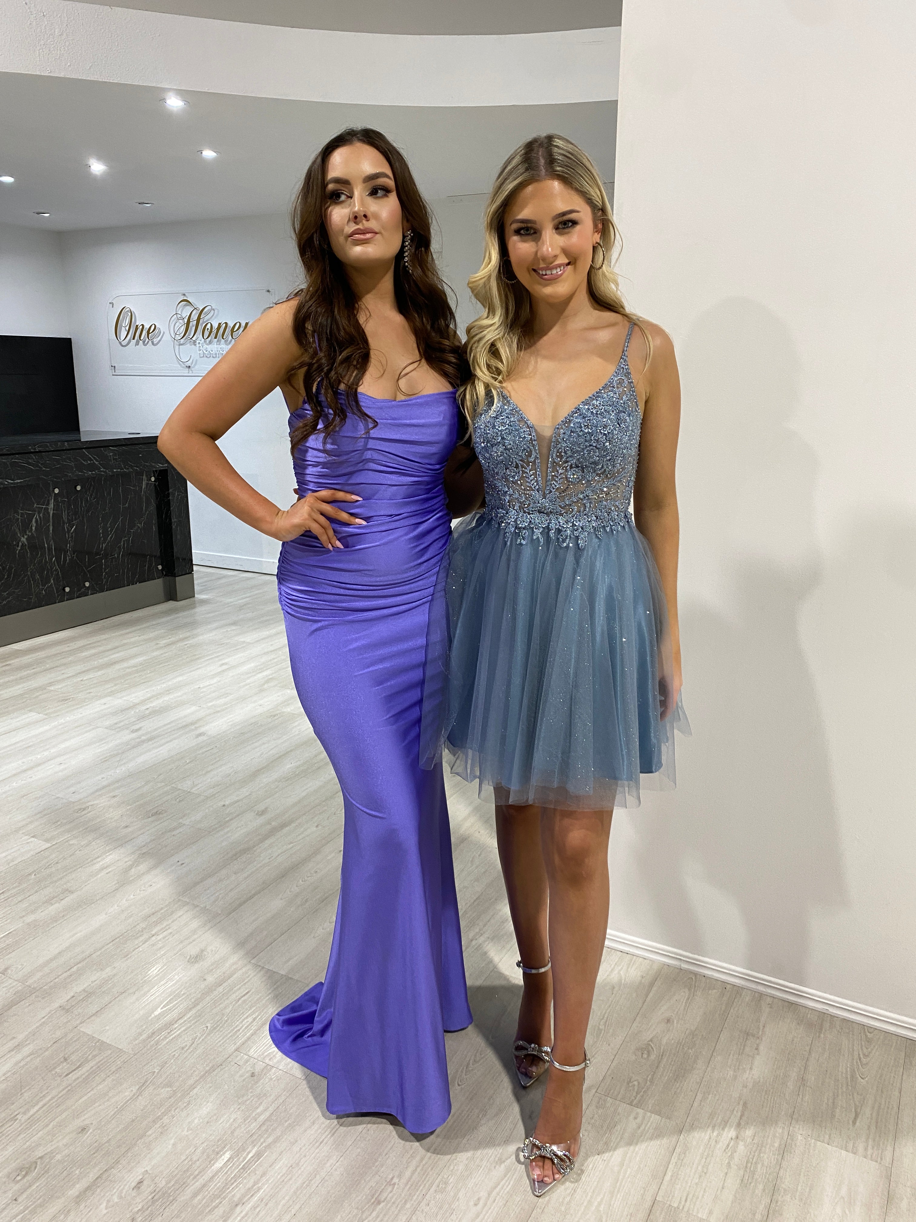 Two women in elegant dresses at an event. One wears a purple ruched formal gown, the other a blue tulle mini dress with lace detail.