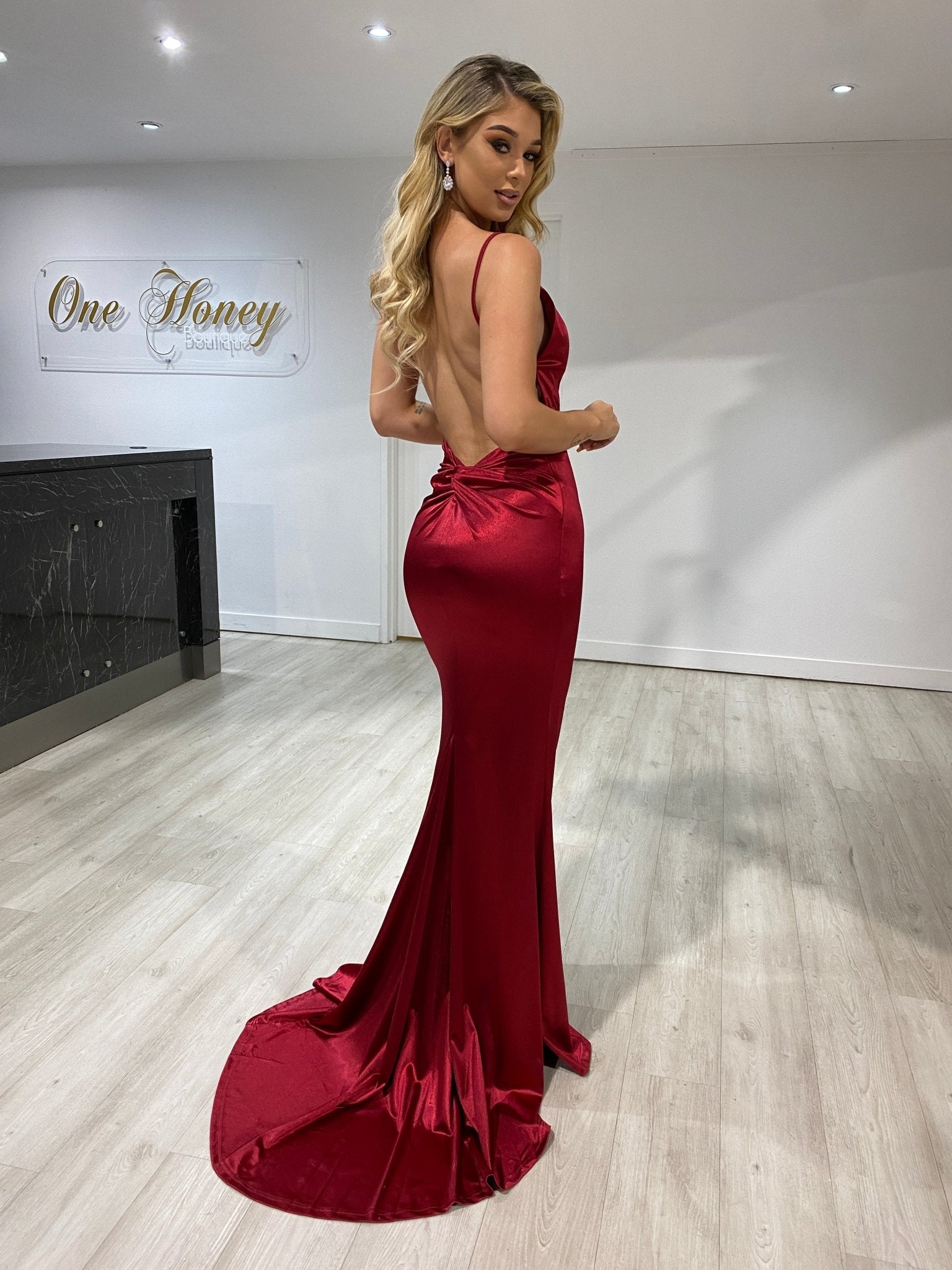 Honey Couture SAMARA Burgundy Knot Feature Low Back Silky Mermaid Formal Gown in Australia | One Honey Boutique