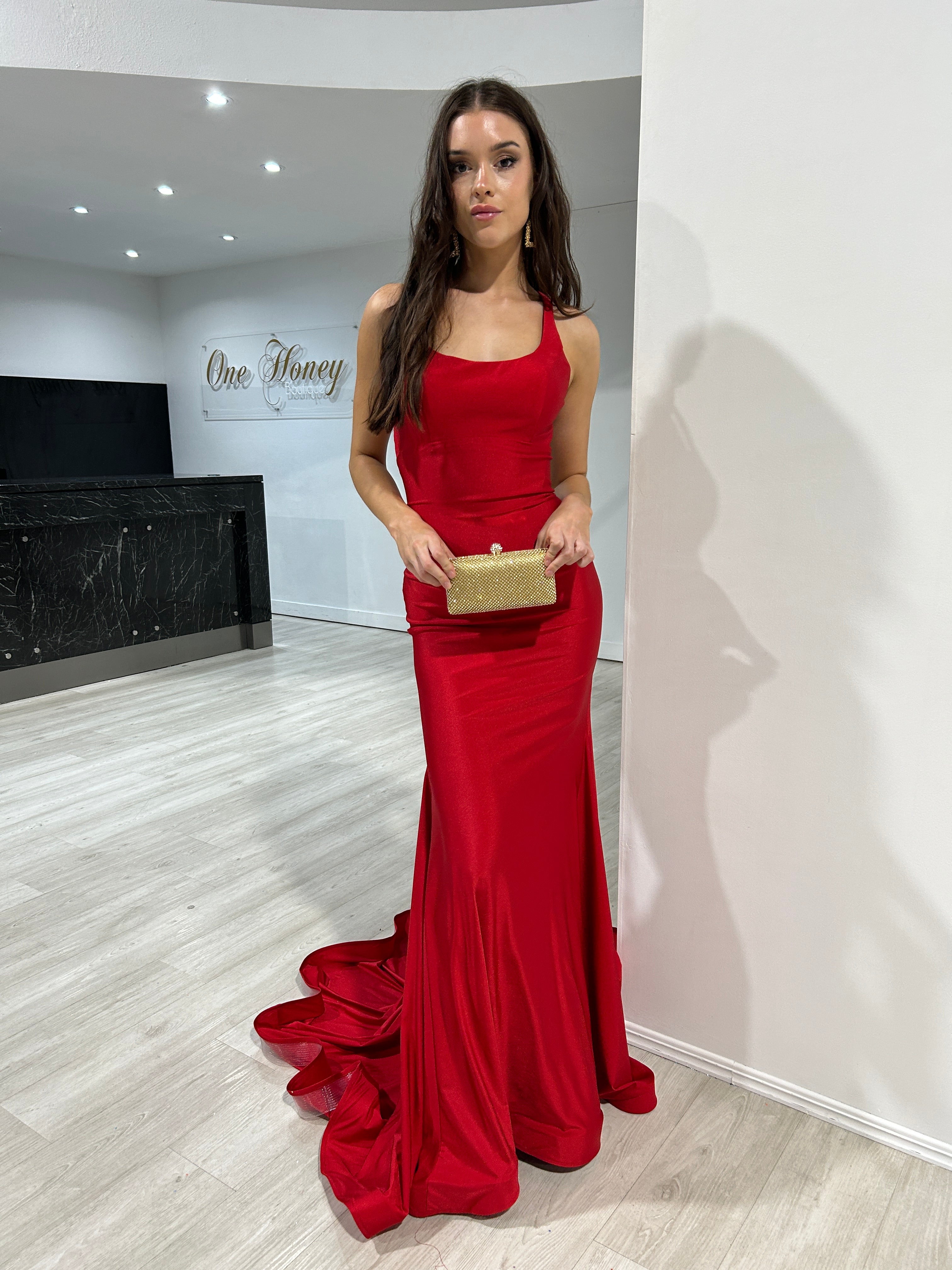 JAYLA Lace Up Back Mermaid Formal Gown with scoop neckline and red mermaid skirt, elegant evening gown, Brisbane to Gold Coast