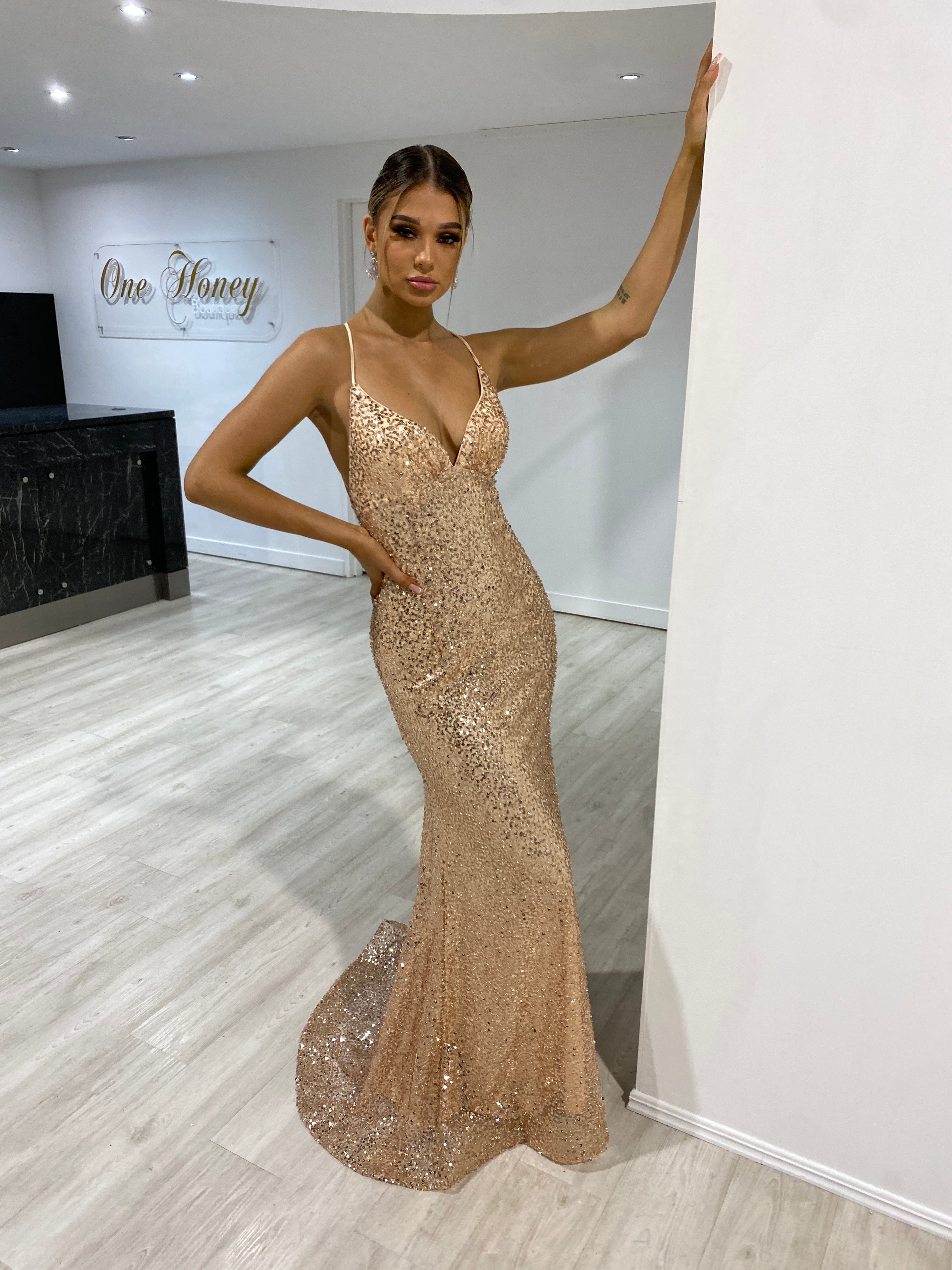 DEVINA Sequin corset evening gown with a low back and lace-up design. Elegant and glamorous style, Brisbane to Gold Coast.