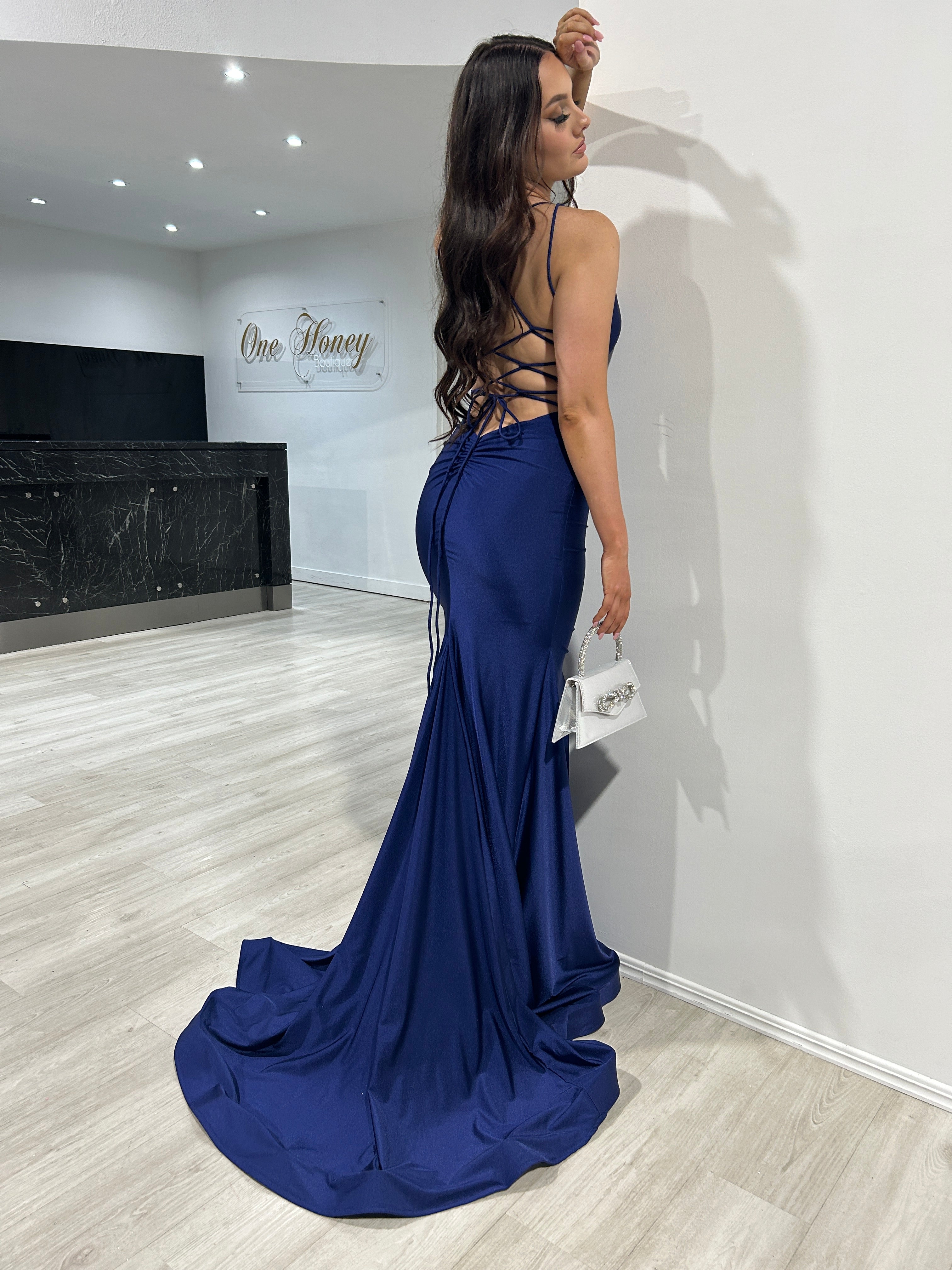 JAYLA Lace Up Back Mermaid Formal Gown with captivating lace-up back and elegant train. Perfect evening gown from Brisbane to Gold Coast.