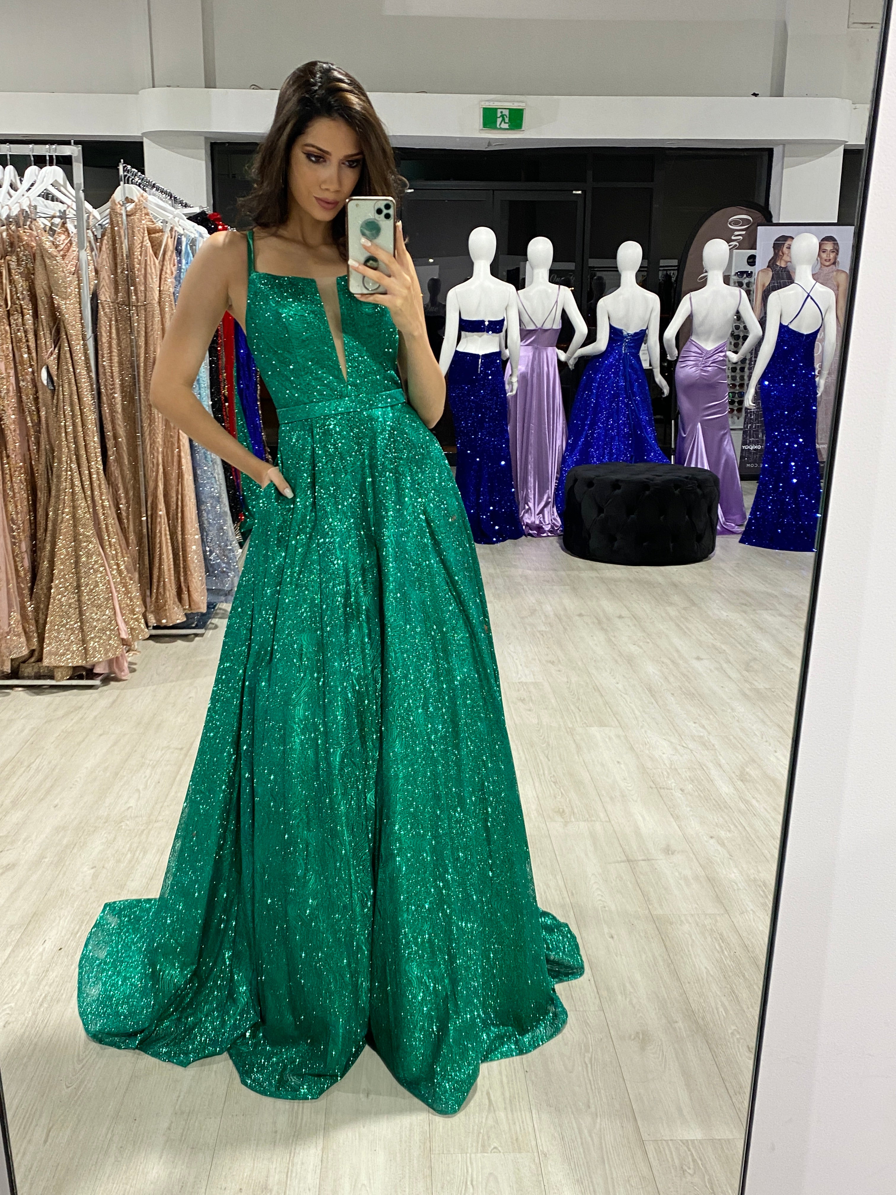 Honey Couture GRETCHEN Green Glitter Ball Gown Formal Dress