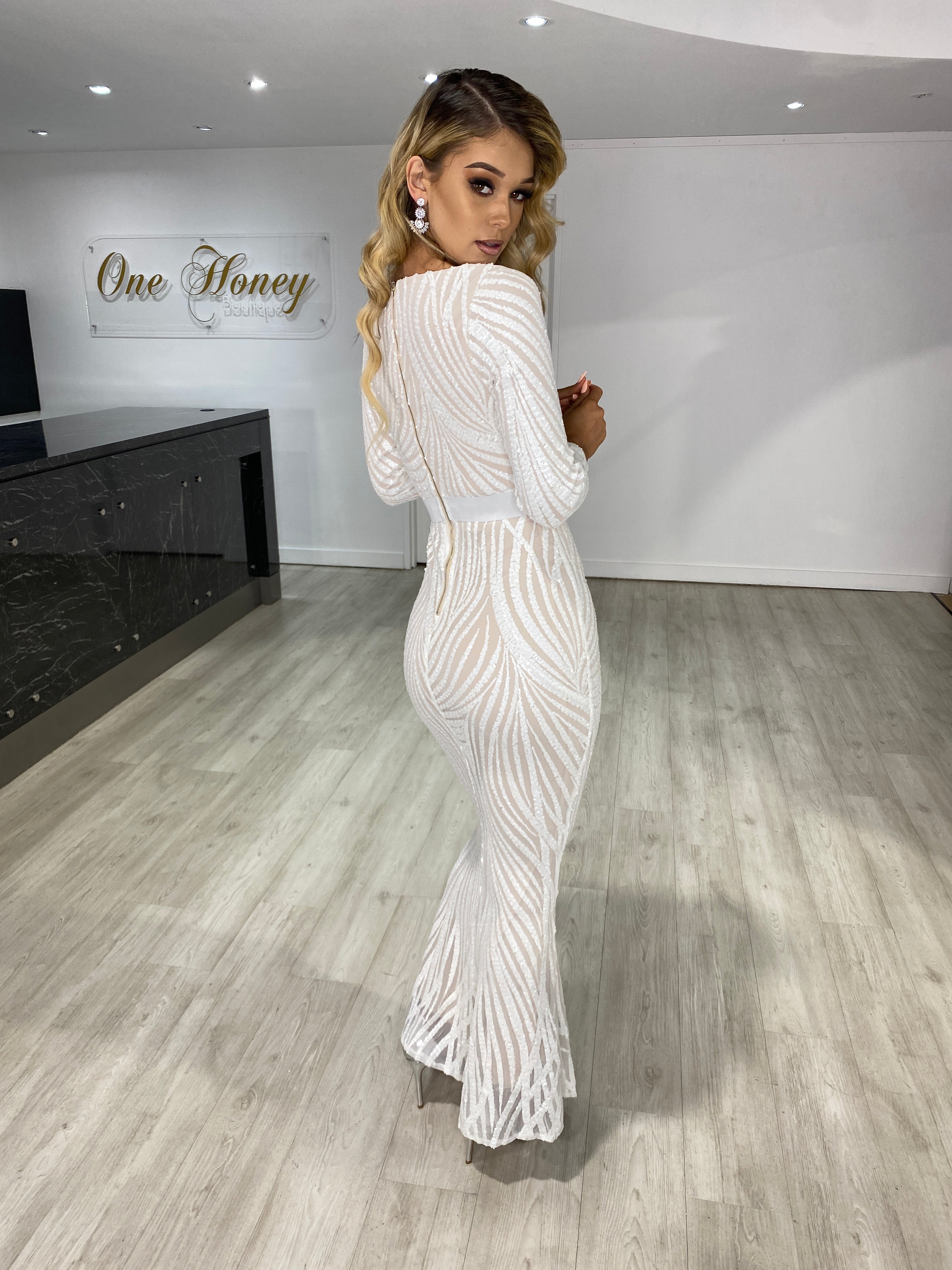 Honey Couture NADA white & nude long sleeve formal dress by Australian Designer, perfect for prom or evening events, shown from the back.