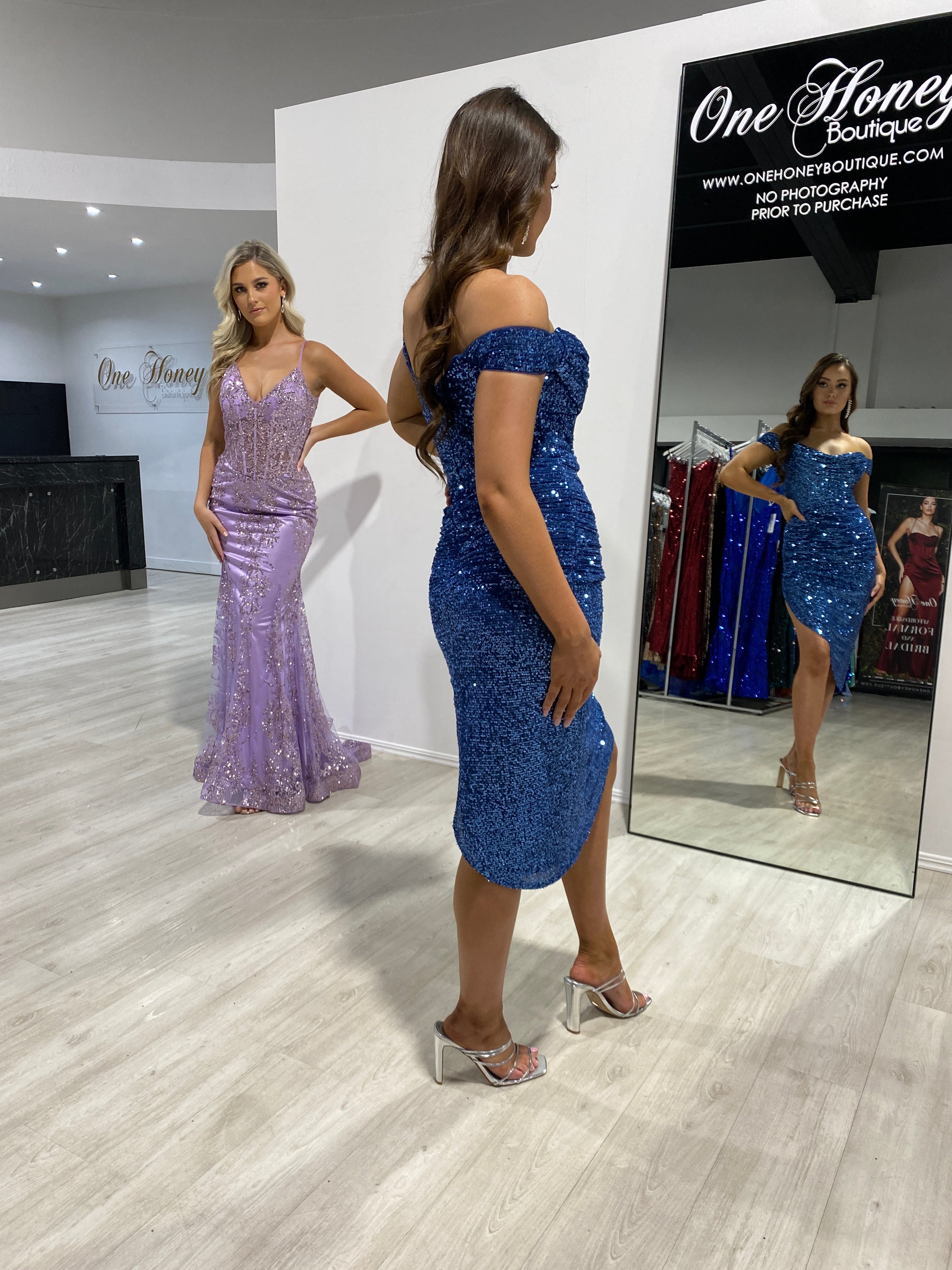 Honey Couture HESTA Lapis Blue Sequin Off Shoulder Bustier Midi Dress