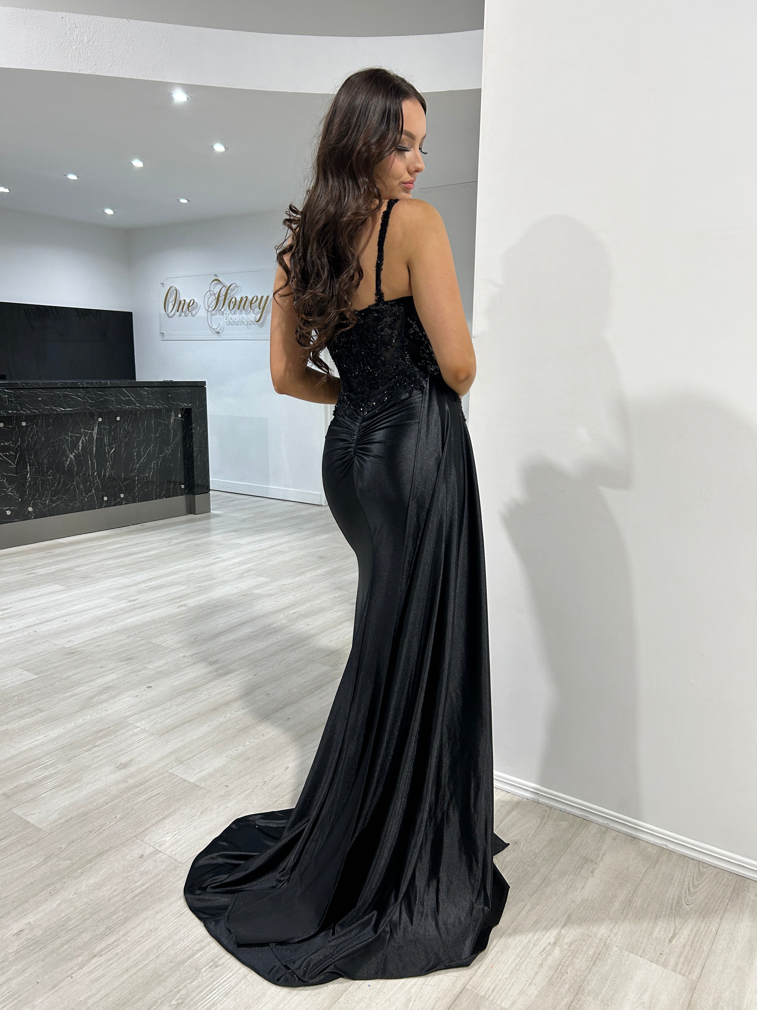 ANTONIA black satin evening gown with ruched back and lace bodice, perfect for formal events from Brisbane to Gold Coast.