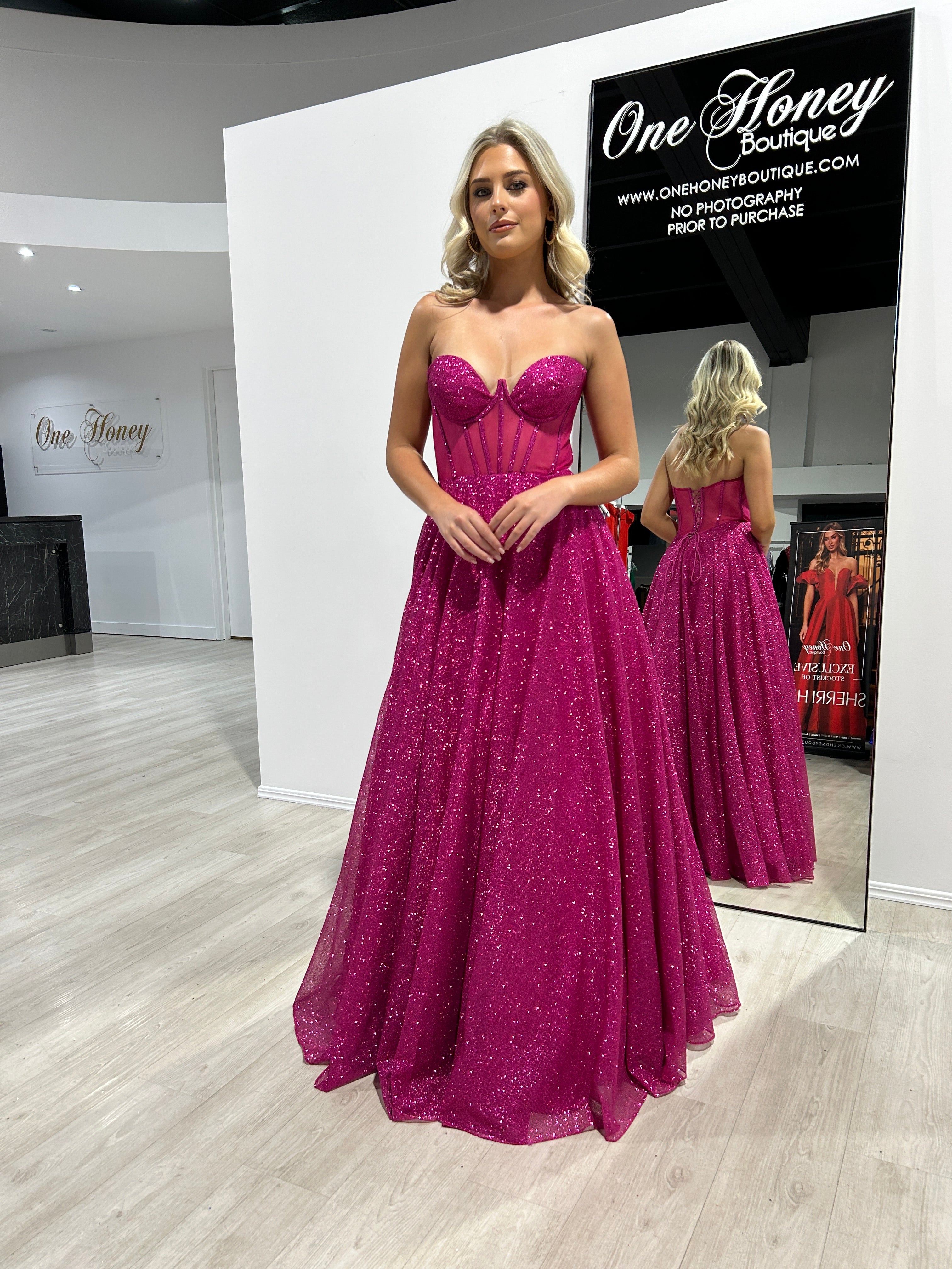 Honey Couture ALOMA Fuchsia Hot Pink Glitter Corset Strapless Formal Dress