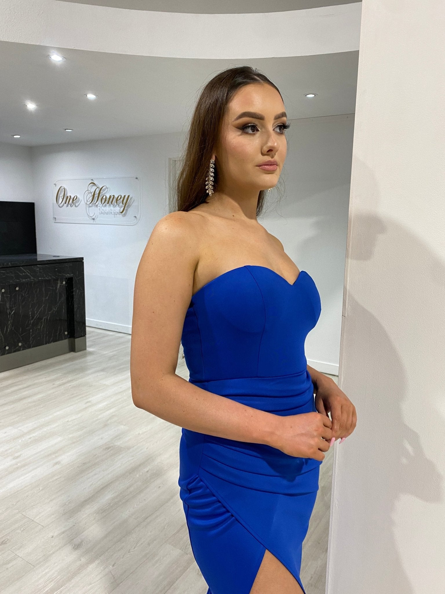 Honey Couture CYNTHIA Blue Silky Bustier Strapless Mermaid Formal Dress in Australia | One Honey Boutique
