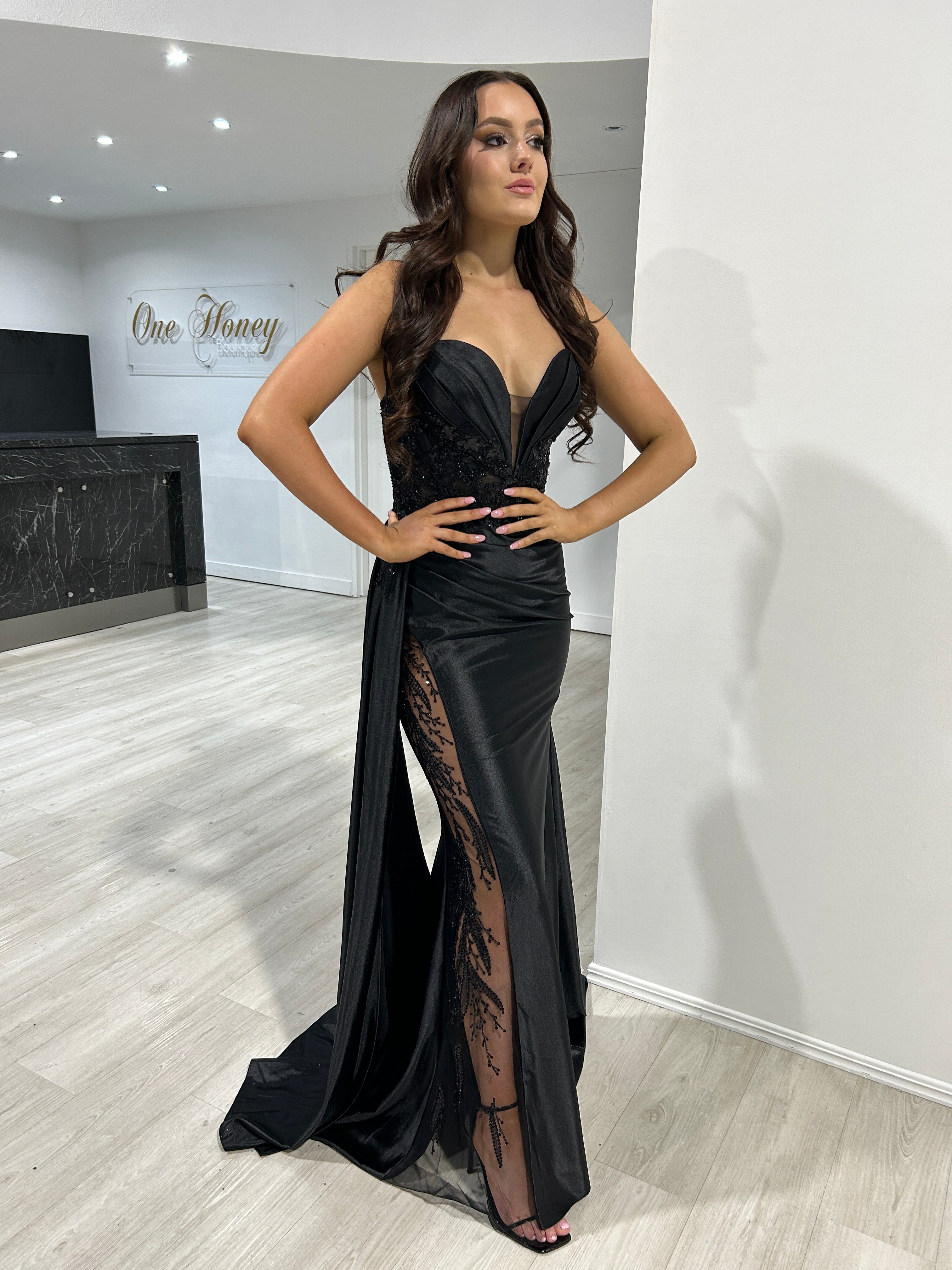 ANTONIA satin mermaid evening gown with lace-embellished waist and sheer slit, perfect for formal events. Brisbane to Gold Coast.