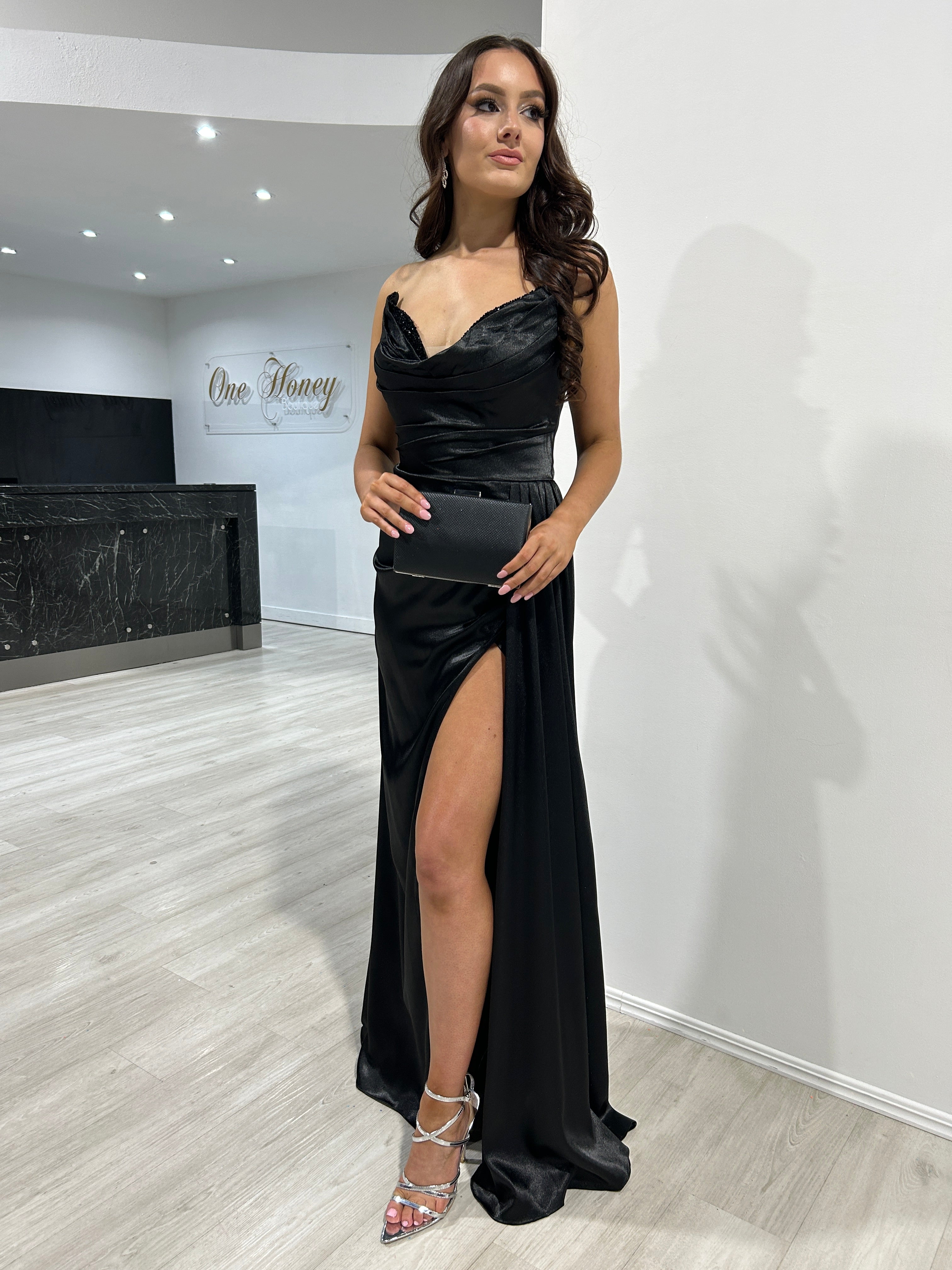 Honey Couture ELVIRA Black Strapless Silky Embellished Corset Mermaid Formal Dress