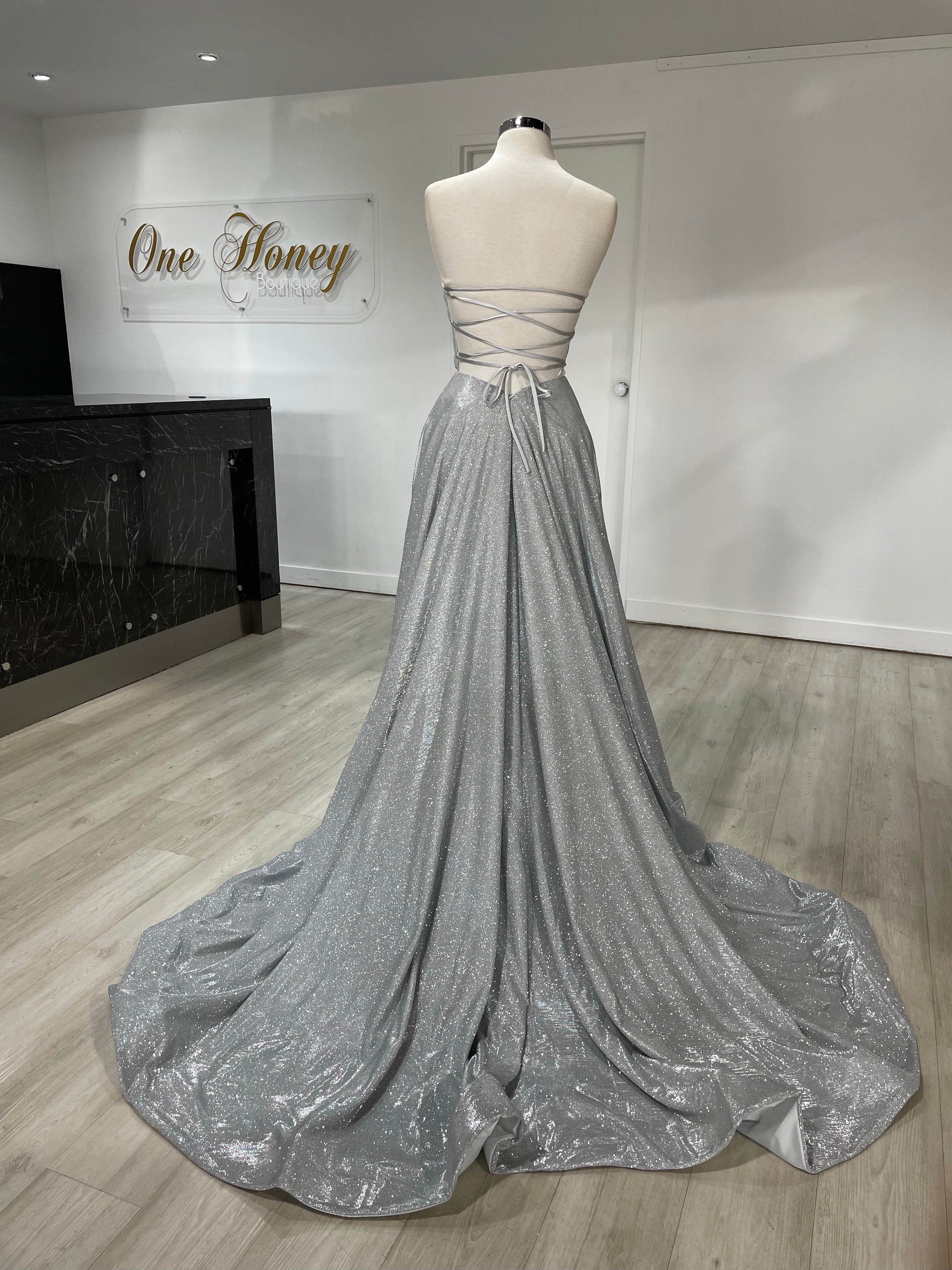 Honey Couture PAM strapless bustier corset dress with lace-up back, glitter fabric, ideal for prom, evening gowns by Australian designer.