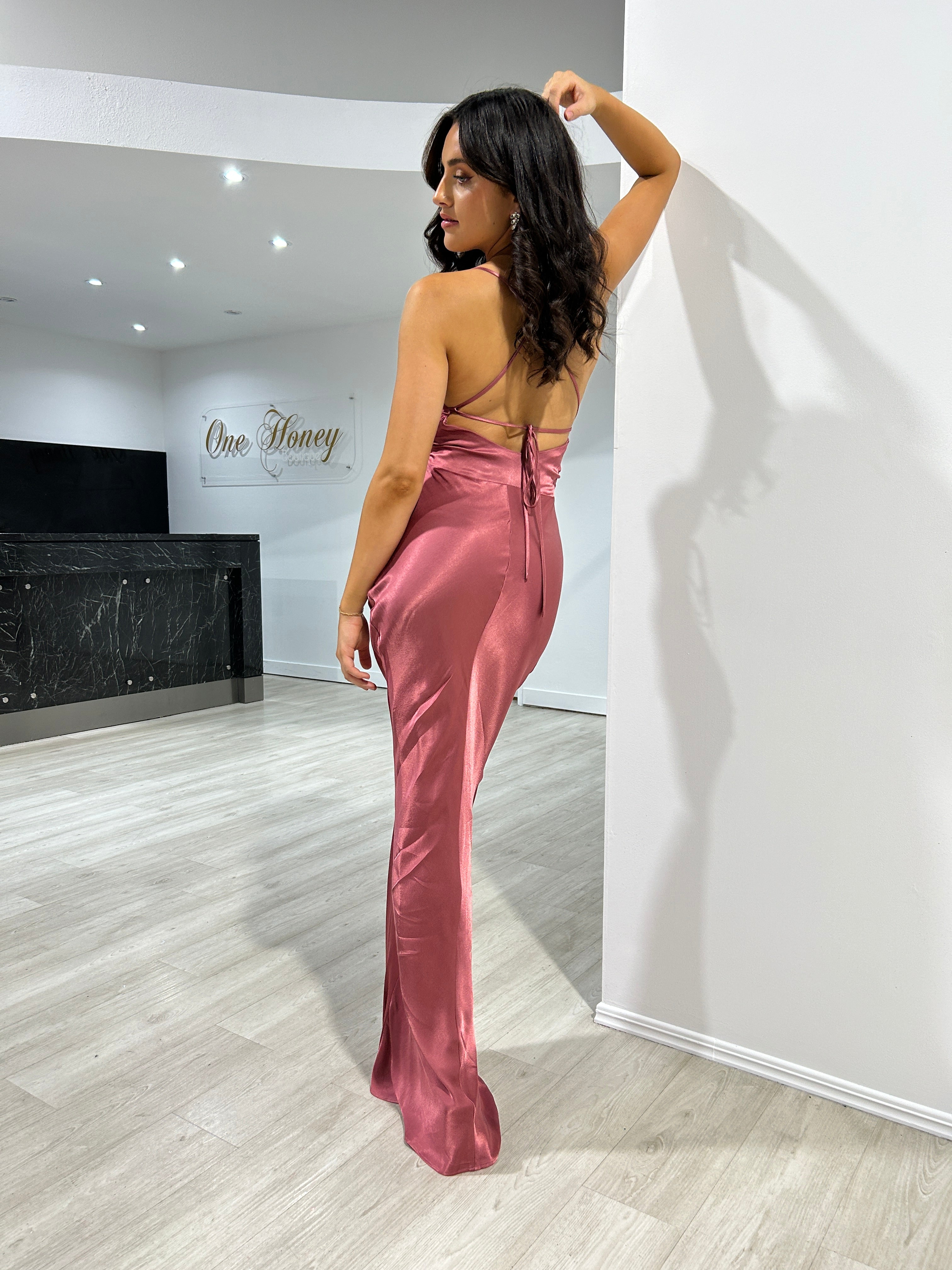TIARN Satin Low Back Midi Semi Formal Dress with lace-up back and cowl neckline, perfect for events from Brisbane to Gold Coast.