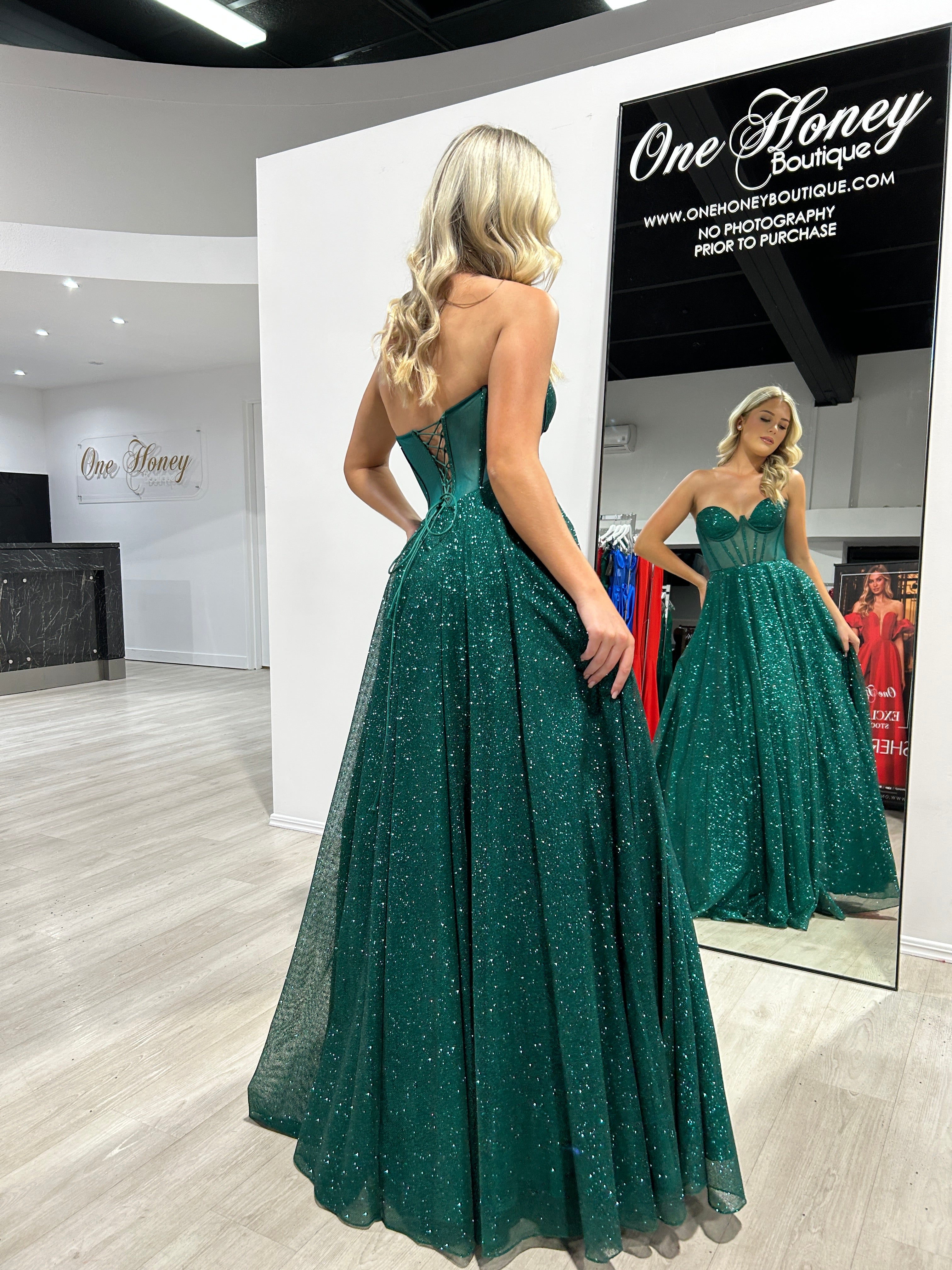 ALOMA Glitter Strapless Dress with Boned Bodice in emerald, perfect for formal evenings. Brisbane to Gold Coast.