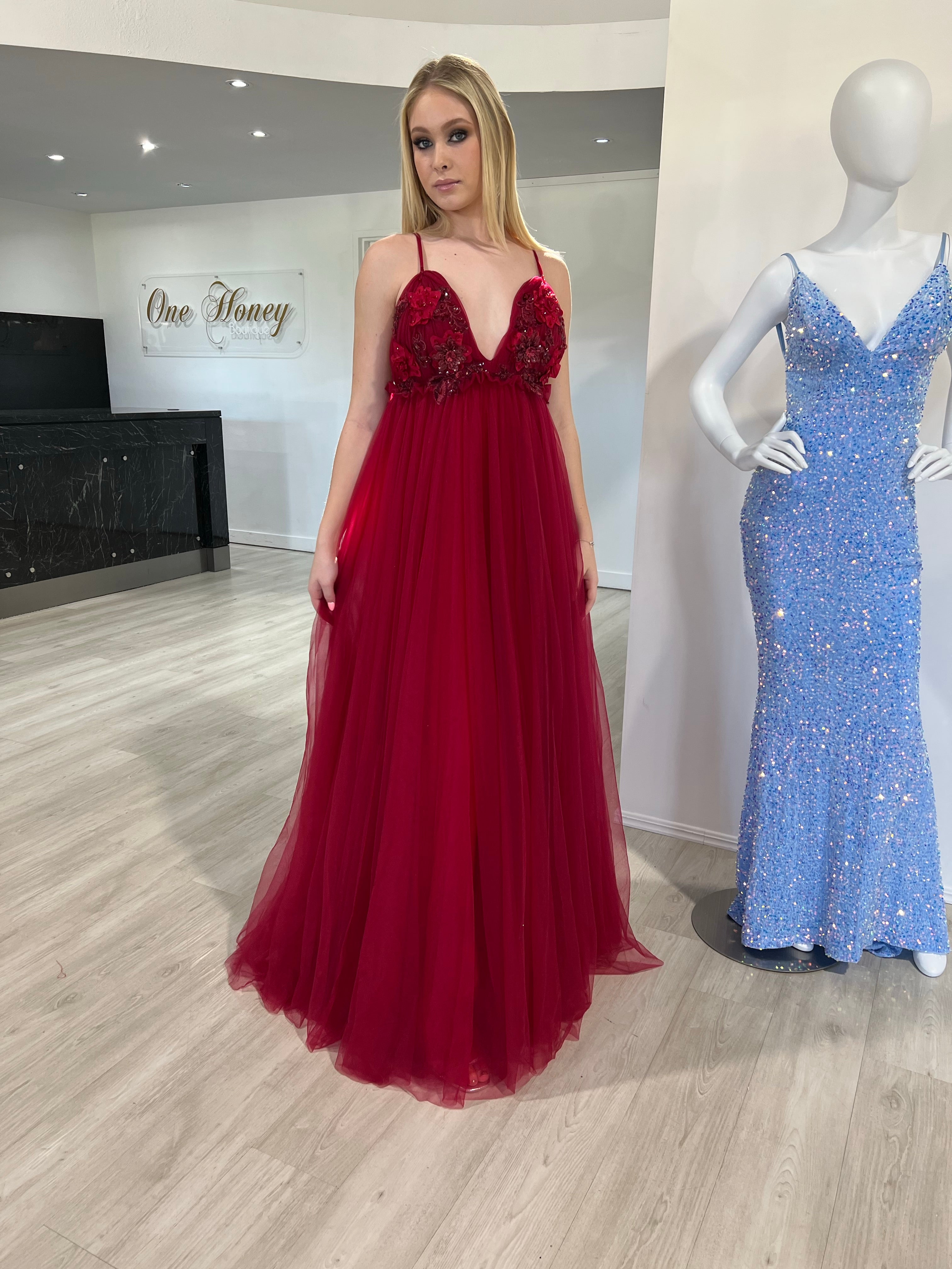 Woman in Honey Couture PEYTON Wine Burgundy 3D Flowers Formal Gown, Australian Designer Prom Dress, Evening Gowns, Affordable fashion