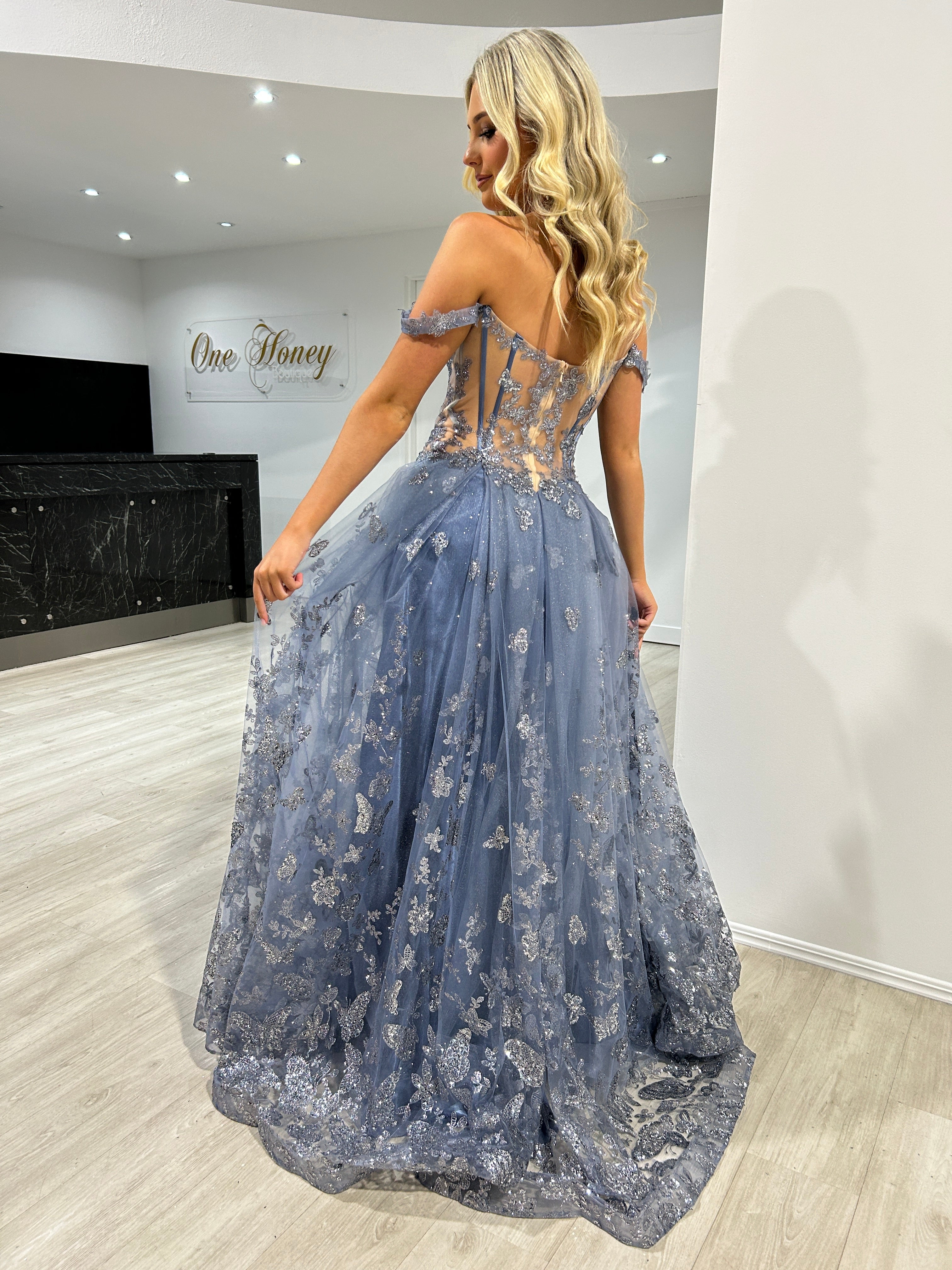Honey Couture MIST Smokey Blue Glitter Off The Shoulder A-Line Formal Dress