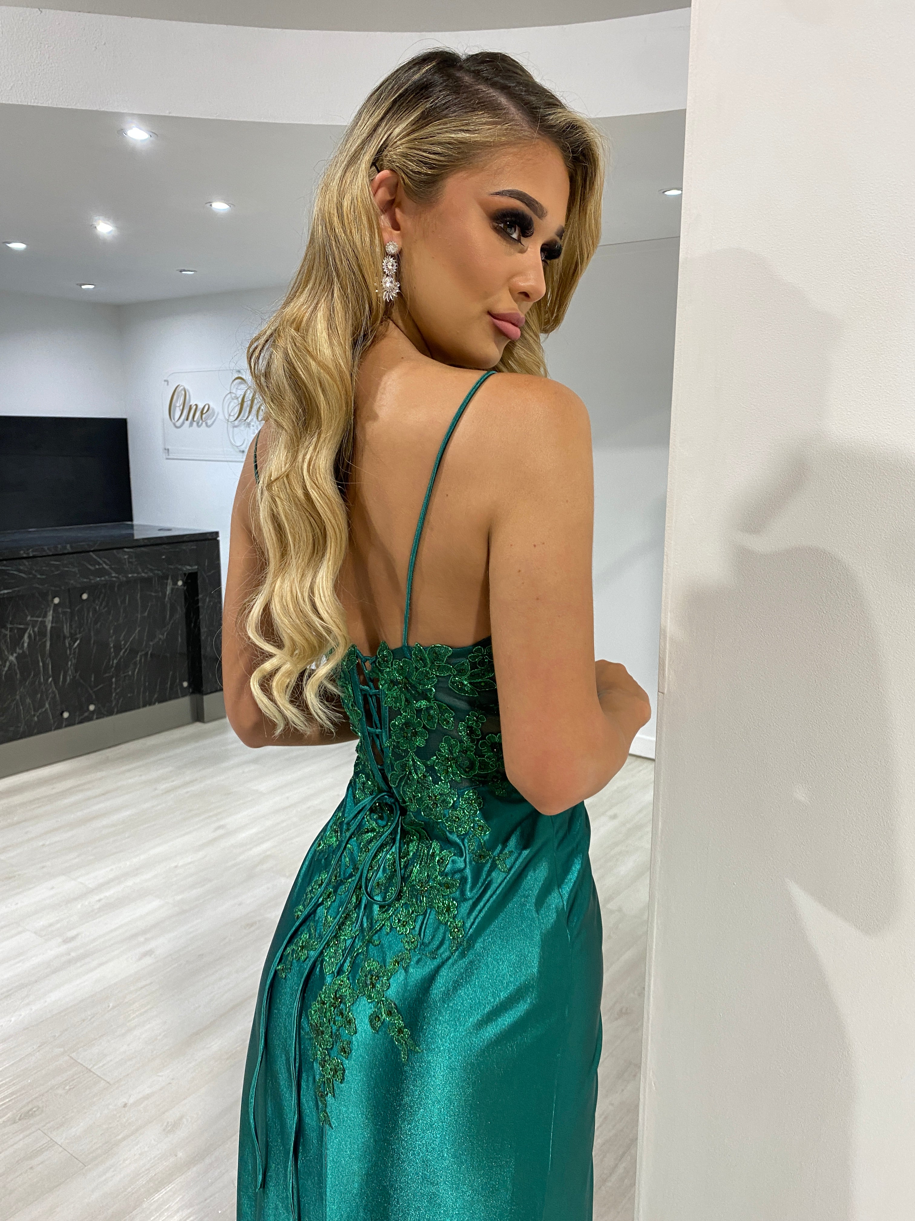 Honey Couture ALVA Emerald Green Silky Lace Trim Corset Back Formal Dress