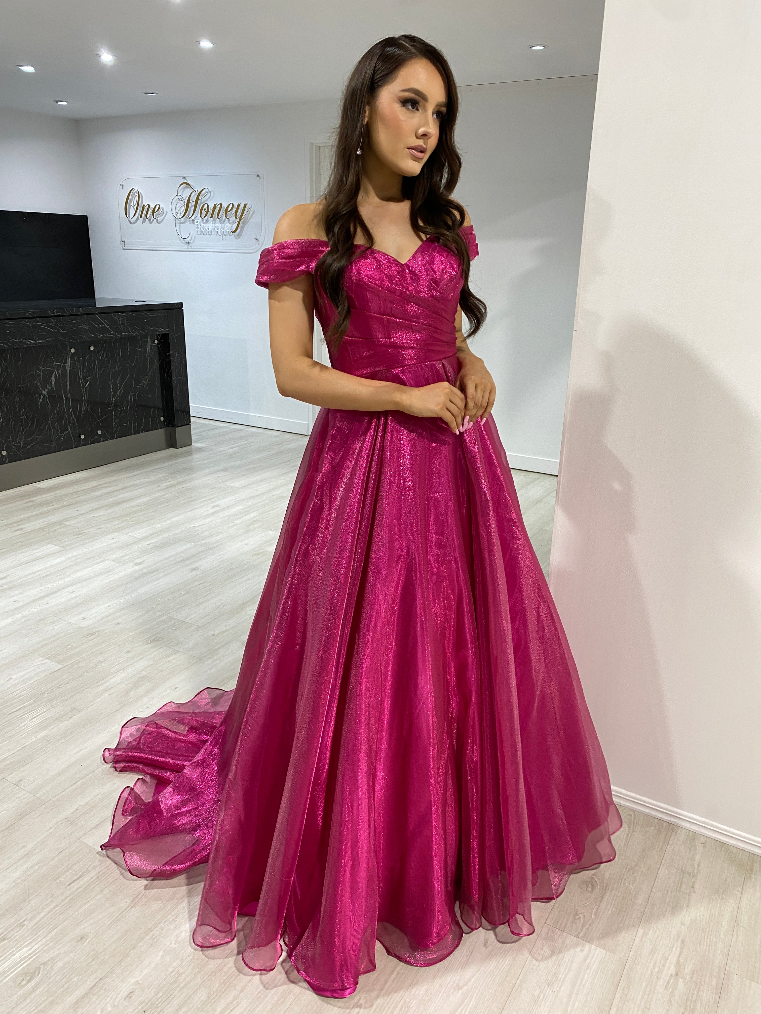 Alt Tag: SARIA off-shoulder shimmer ballgown with sweetheart neckline, pleated bodice, prom & formal dress, Brisbane to Gold Coast.