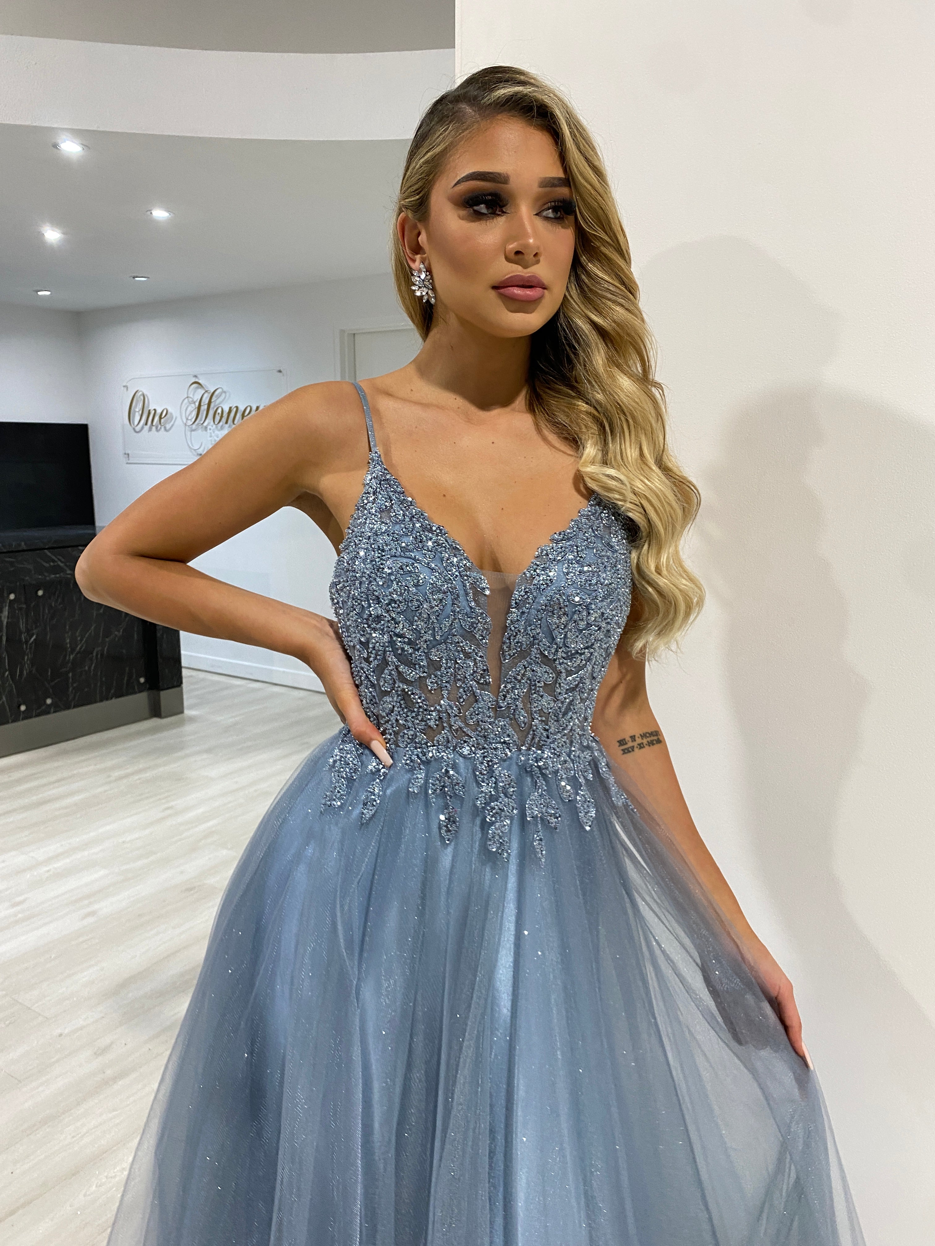 REAGAN Beaded Applique Tulle Formal Dress with lace bodice and A-line silhouette, perfect for evening events. Brisbane to Gold Coast, Australia.