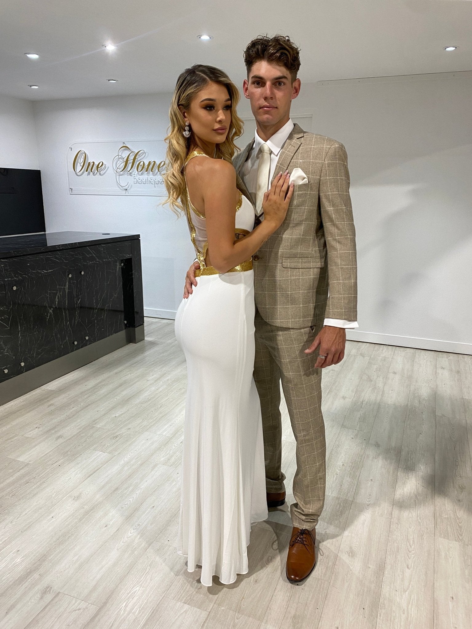 Honey Couture CLEO White & Gold Beaded Formal Gown in Australia | One Honey Boutique