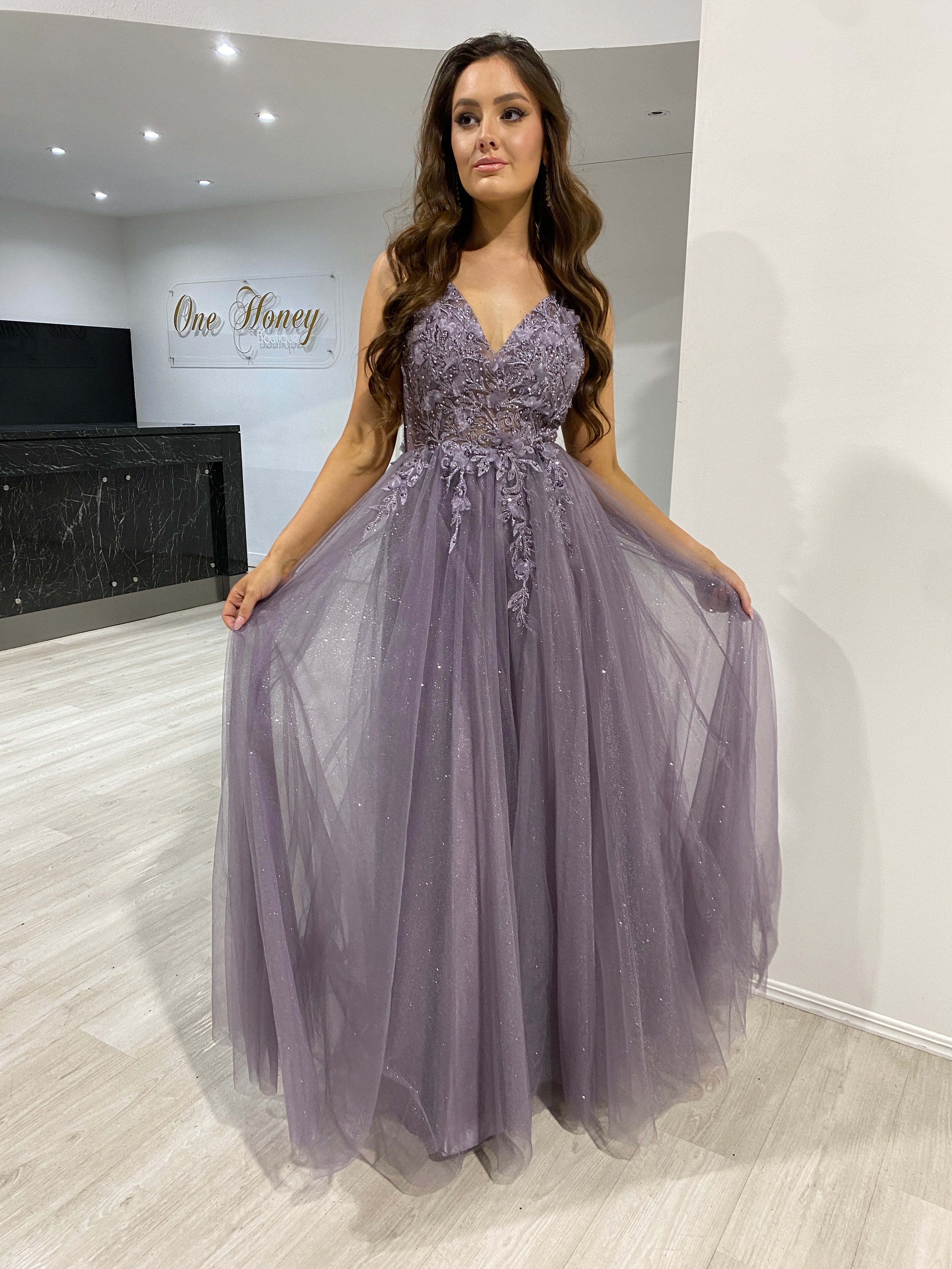 DEMIKA 3D Floral Applique Tulle Formal Gown with lace bodice and V-neckline, perfect evening dress. Brisbane to Gold Coast, Australia.
