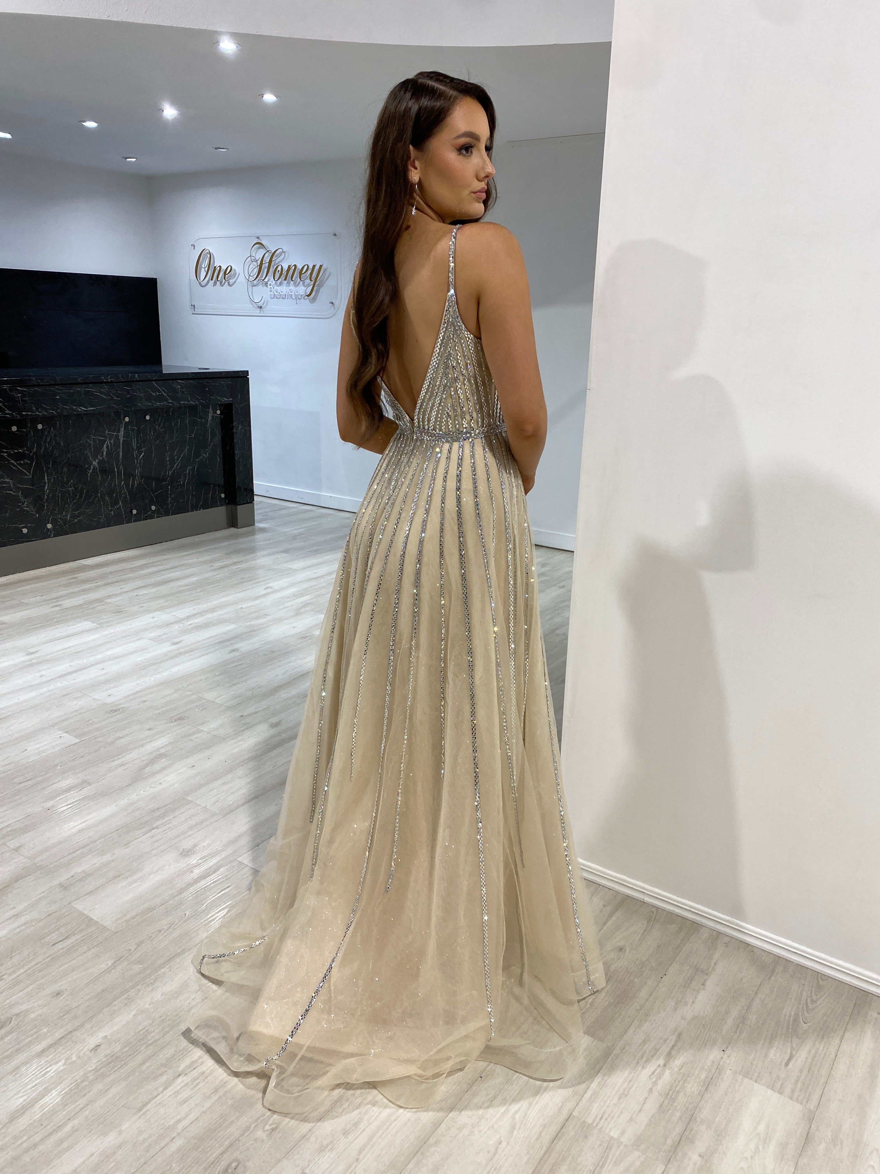 CHARLISE A Line Diamante Ballgown featuring linear platinum beading and a plunging back, perfect for formal occasions. Brisbane to Gold Coast.