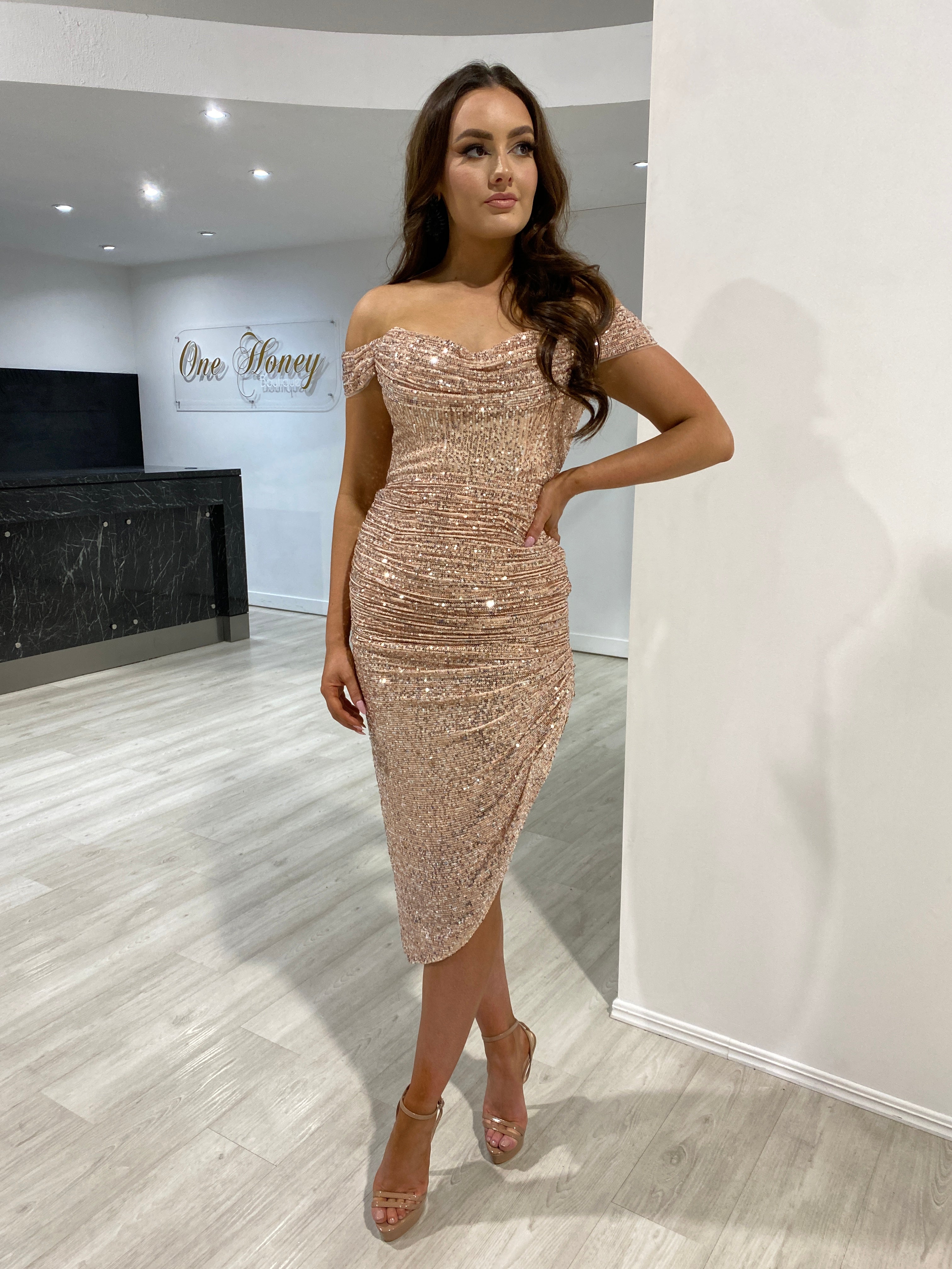 Honey Couture HESTA Rose Gold Sequin Off Shoulder Bustier Midi Dress
