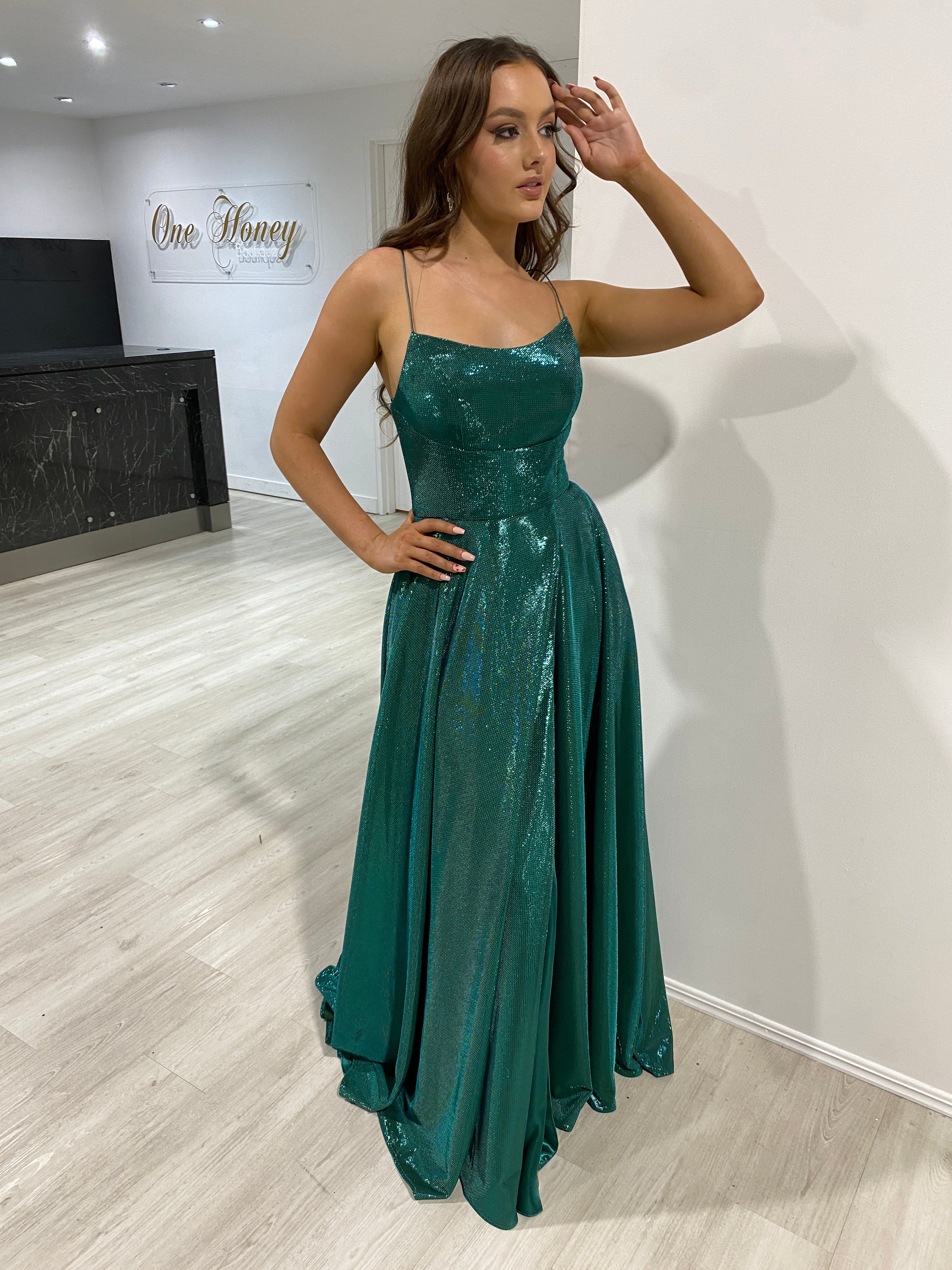 Alt Tag: Honey Couture KYLA Emerald Green Shimmer Lace Up Back Formal Gown by Australian Designer, perfect for prom or evening events.